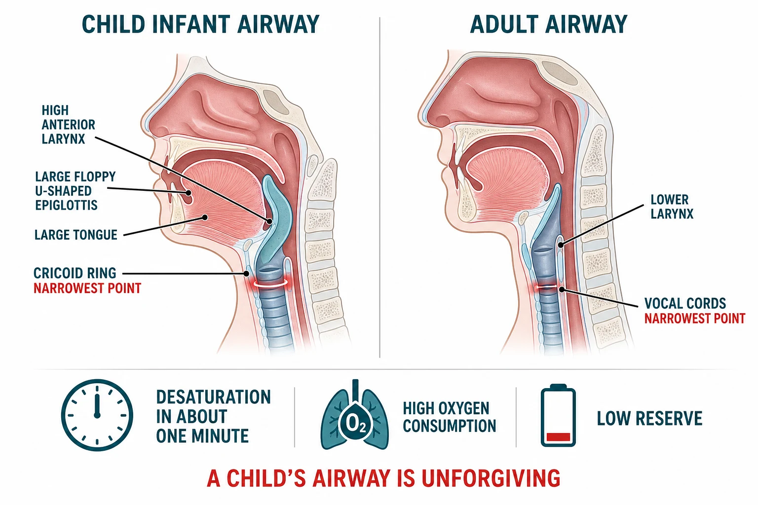 Educational schematic contrasting the paediatric and adult airway: high anterior larynx, large tongue and occiput, U-shaped epiglottis, cricoid as the narrowest point, and the rapid desaturation from high oxygen consumption and low functional residual capacity