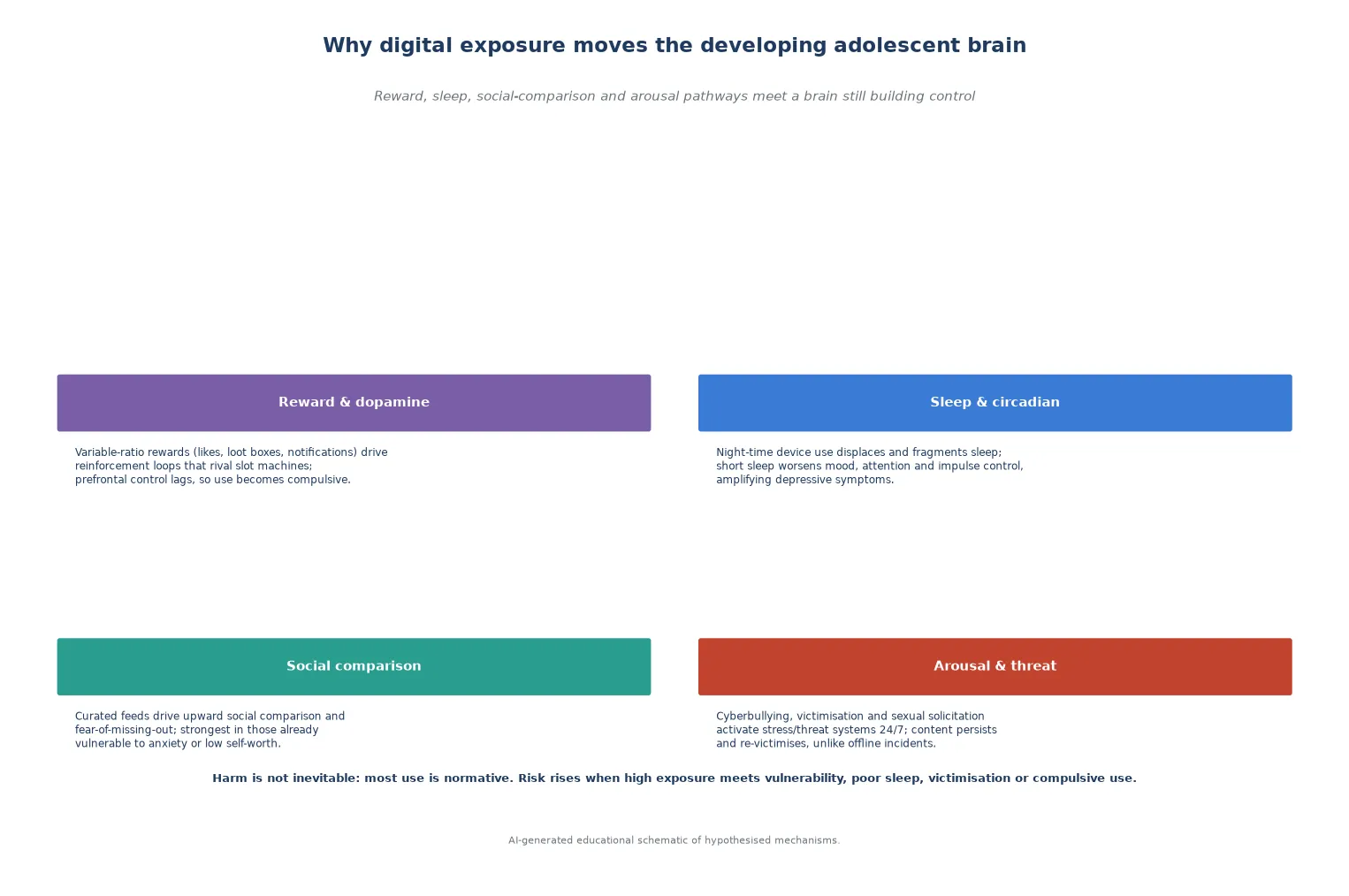Educational diagram of four mechanisms — reward, sleep, social comparison and threat — by which digital exposure affects the developing adolescent brain