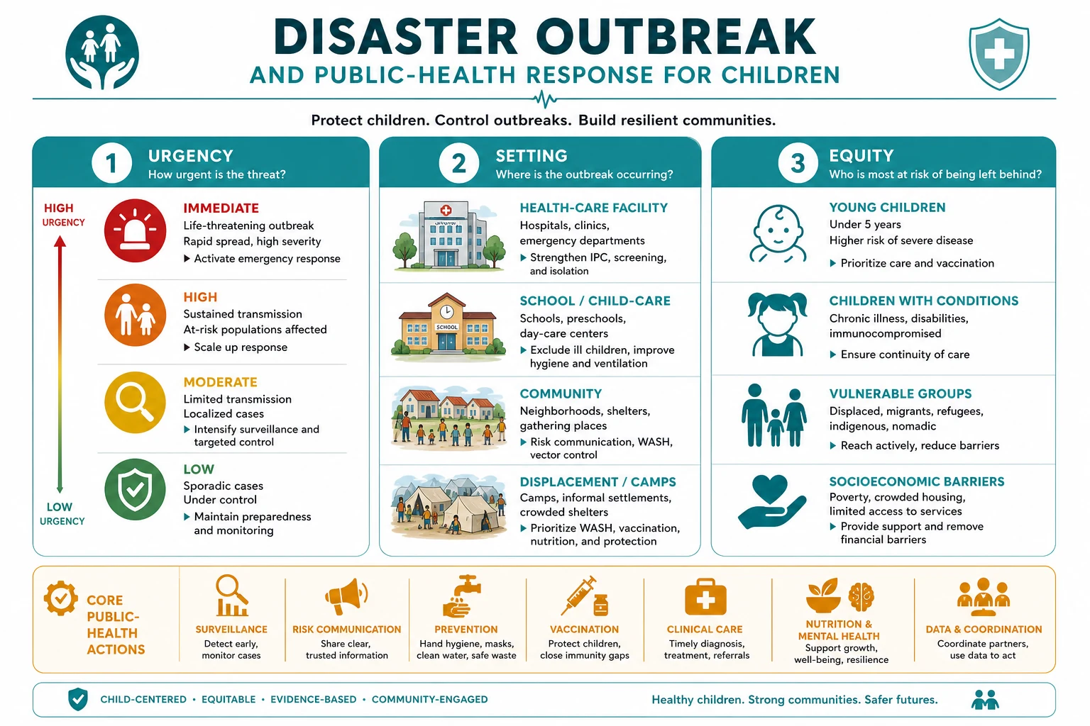 Classification diagram for disaster, outbreak and public-health response for children showing urgency, setting and equity axes.