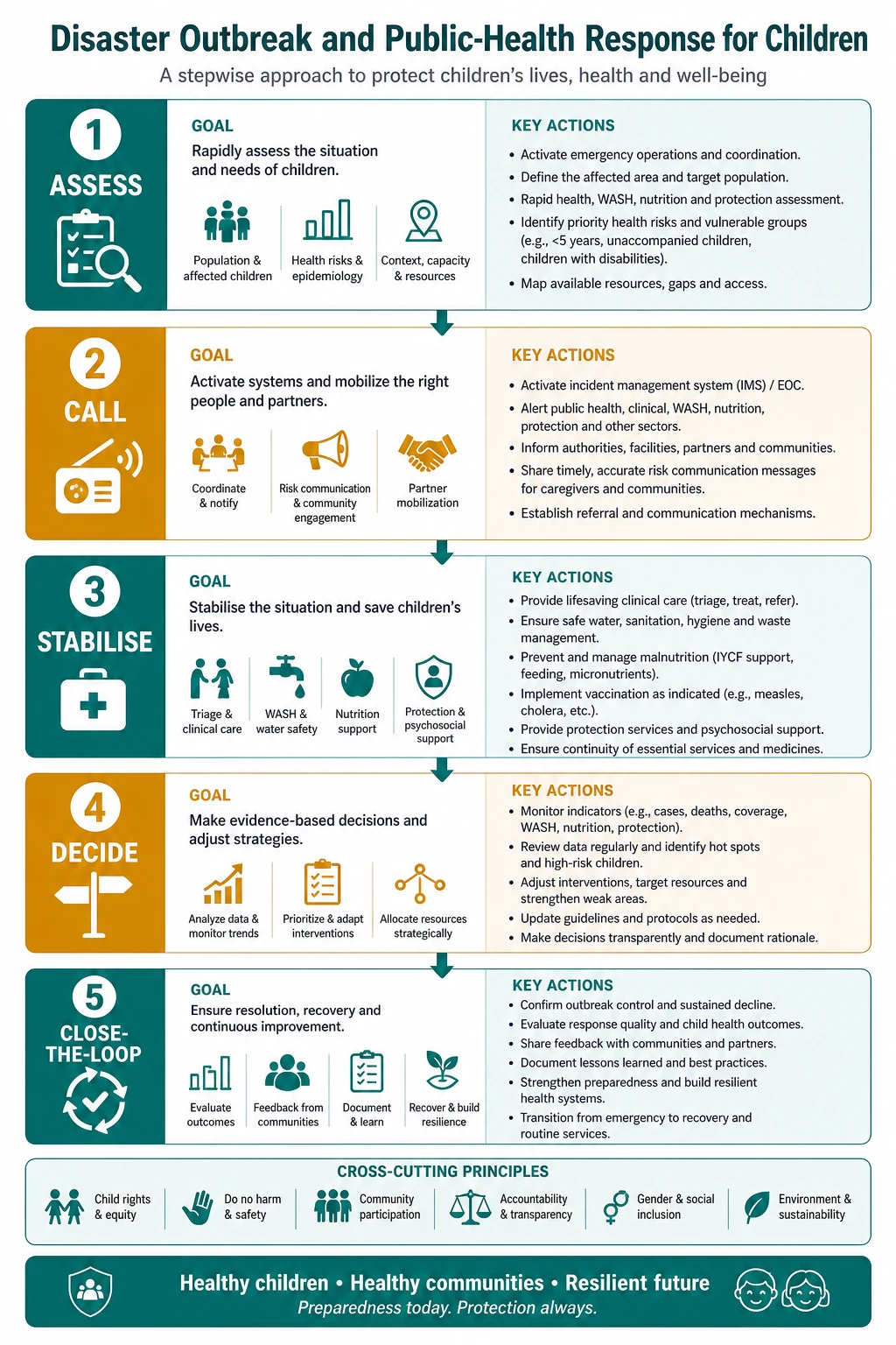Stepwise management algorithm for disaster, outbreak and public-health response for children from assessment through escalation and closed-loop handover.