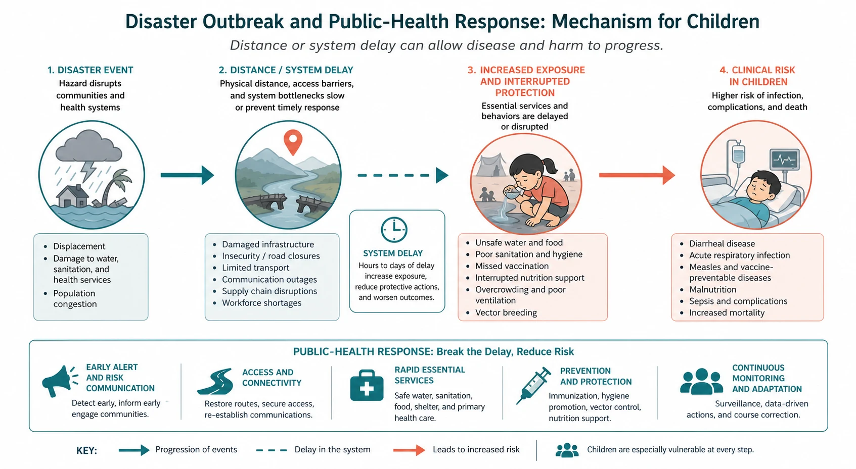 Mechanism diagram for disaster, outbreak and public-health response for children linking distance, delayed escalation and clinical deterioration.