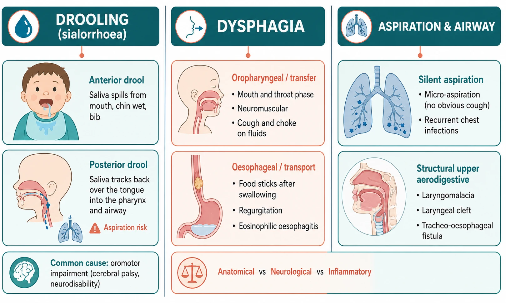 Educational schematic classifying drooling into anterior and posterior, dysphagia into oropharyngeal and oesophageal, and aspiration and structural airway disorders, with distinguishing features in a three-column layout
