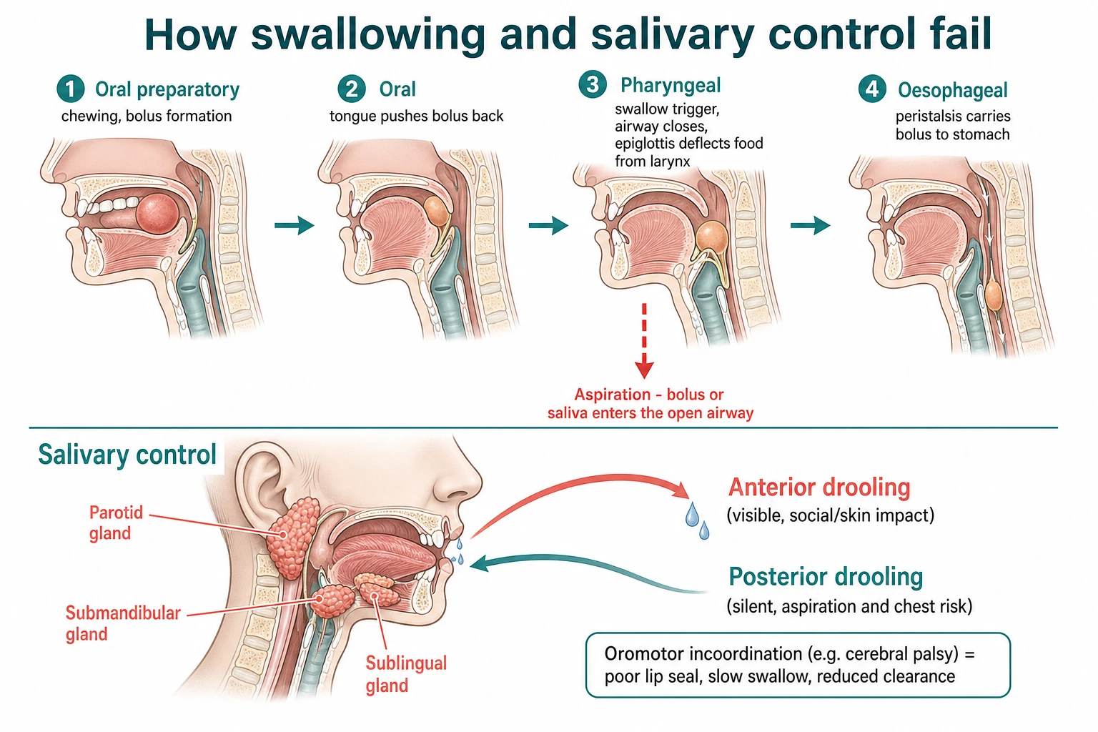 Educational mechanism schematic showing the four phases of swallowing with the aspiration point, and a salivary pathway diagram contrasting anterior drooling over the lip with posterior drooling into the pharynx and airway