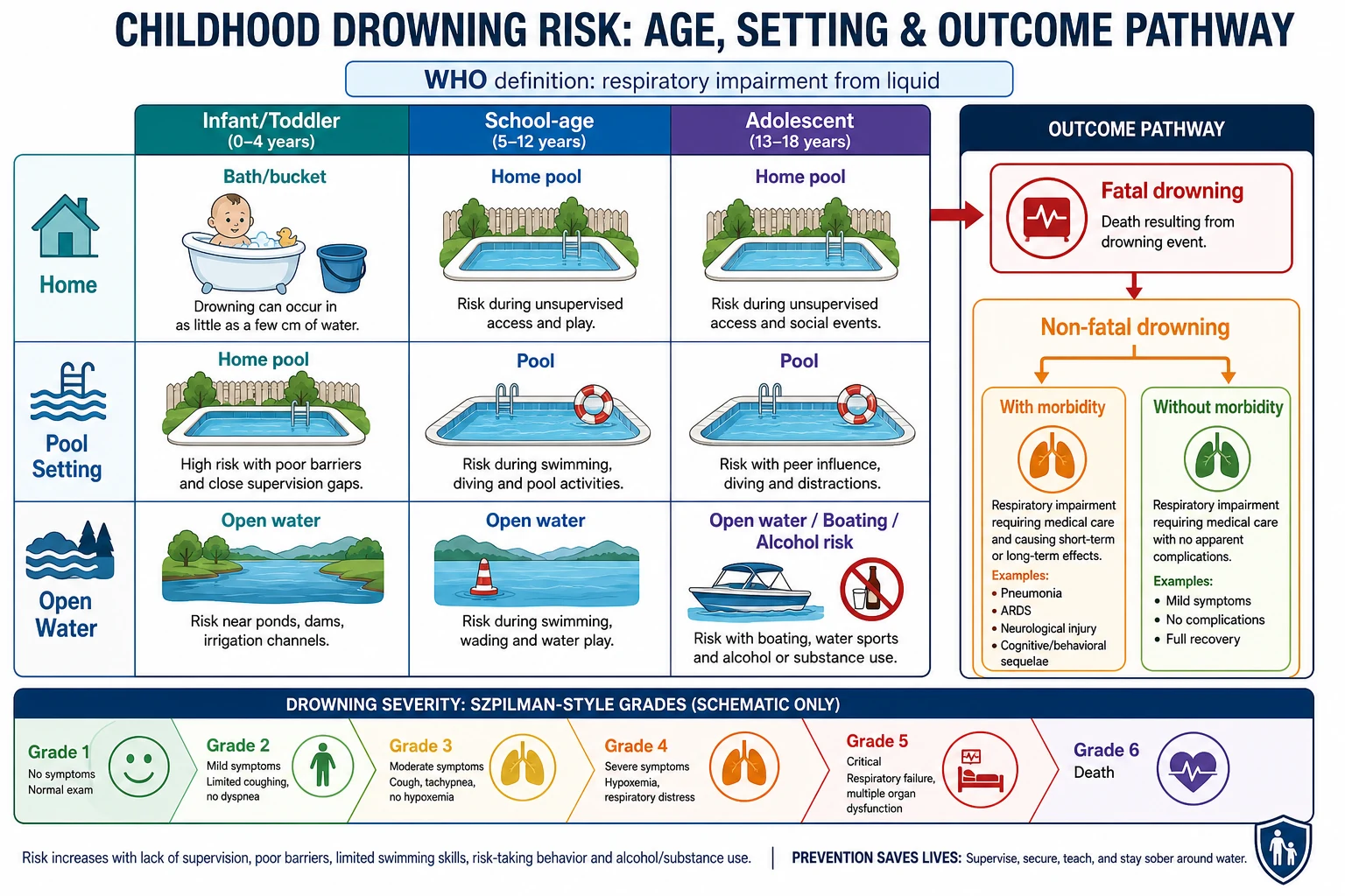Educational classification grid of childhood drowning by infant/toddler, school-age and adolescent columns with bath, pool, open-water and boating settings, plus fatal versus non-fatal outcome pathway