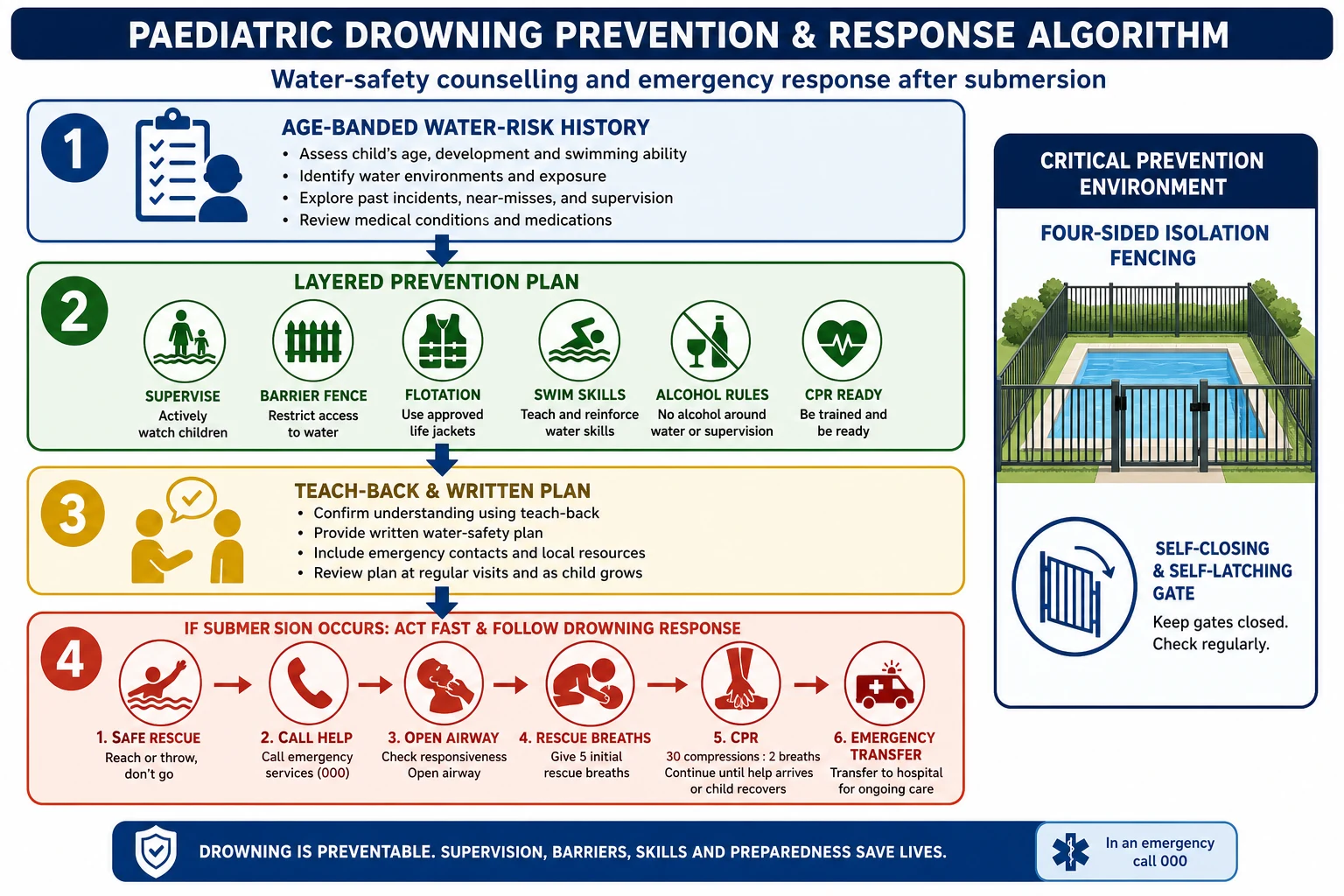 Flowchart from age-banded water-risk history through layered prevention plan and teach-back to emergency rescue and CPR if submersion occurs