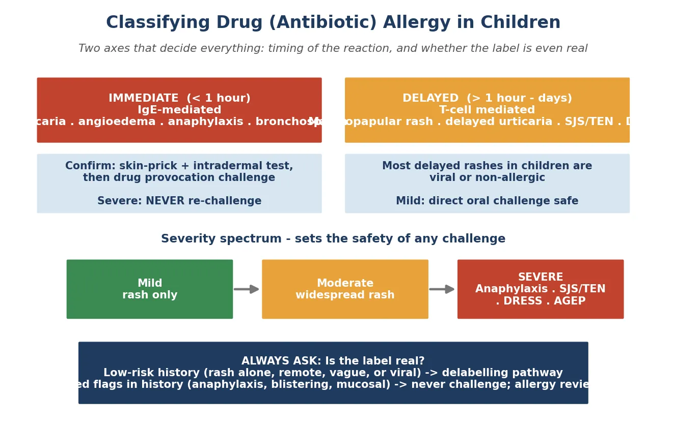 Two-panel schematic classifying drug allergy in children: the immediate (less than one hour, IgE-mediated) versus delayed (after one hour to days, T-cell mediated) split with their clinical features and testing implications; the mild-to-severe spectrum from isolated rash through widespread rash to the severe never-re-challenge reactions; and a footer reminding the clinician to always ask whether the label is real