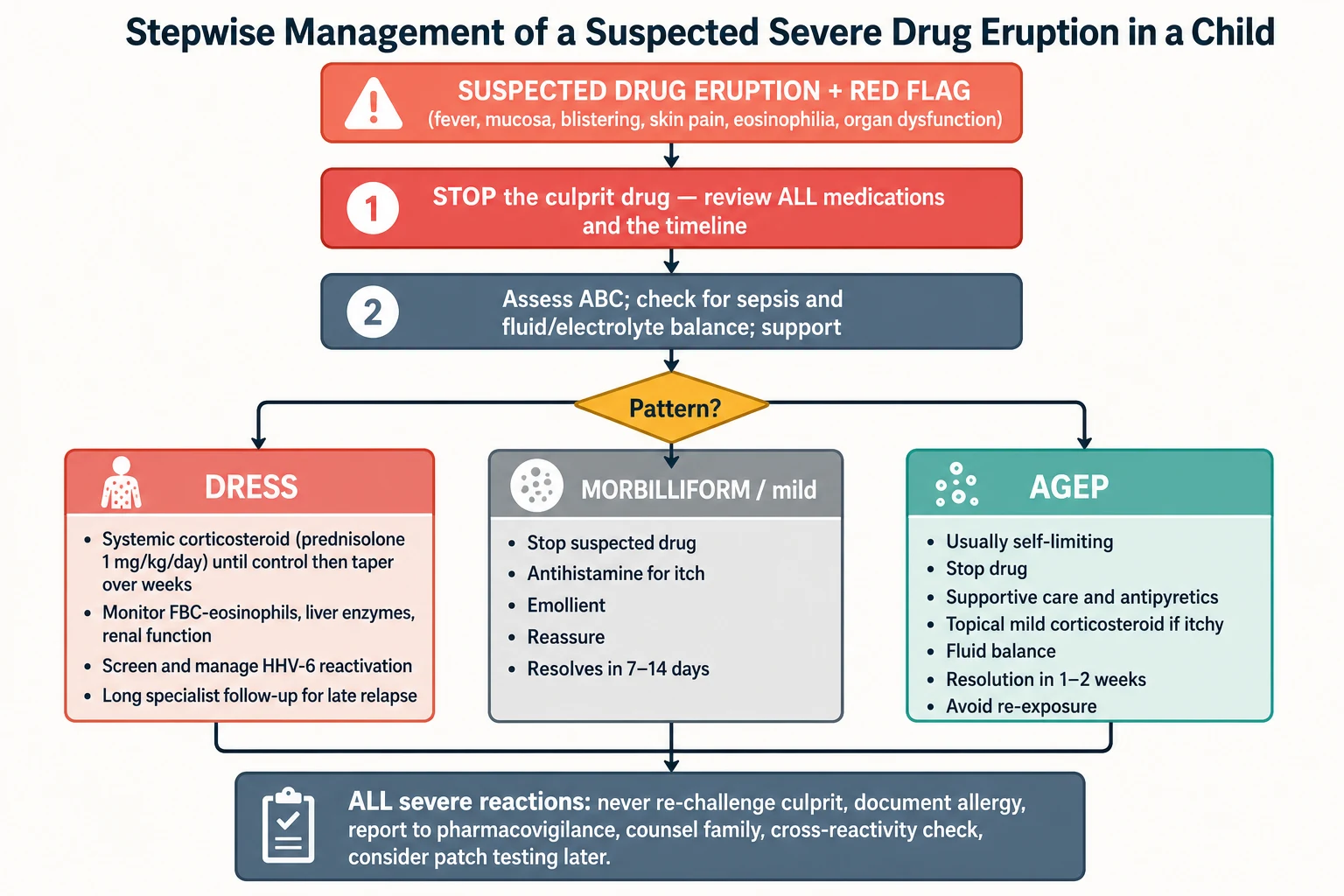 Educational schematic showing a stepwise management algorithm for a suspected severe drug eruption in a child, beginning with stop the culprit drug, then assess airway breathing and circulation and exclude sepsis, then branching into DRESS (systemic corticosteroid and organ monitoring), AGEP (supportive care and self-resolution) and morbilliform (antihistamine and emollient), converging on document the allergy, never re-challenge, report and counsel