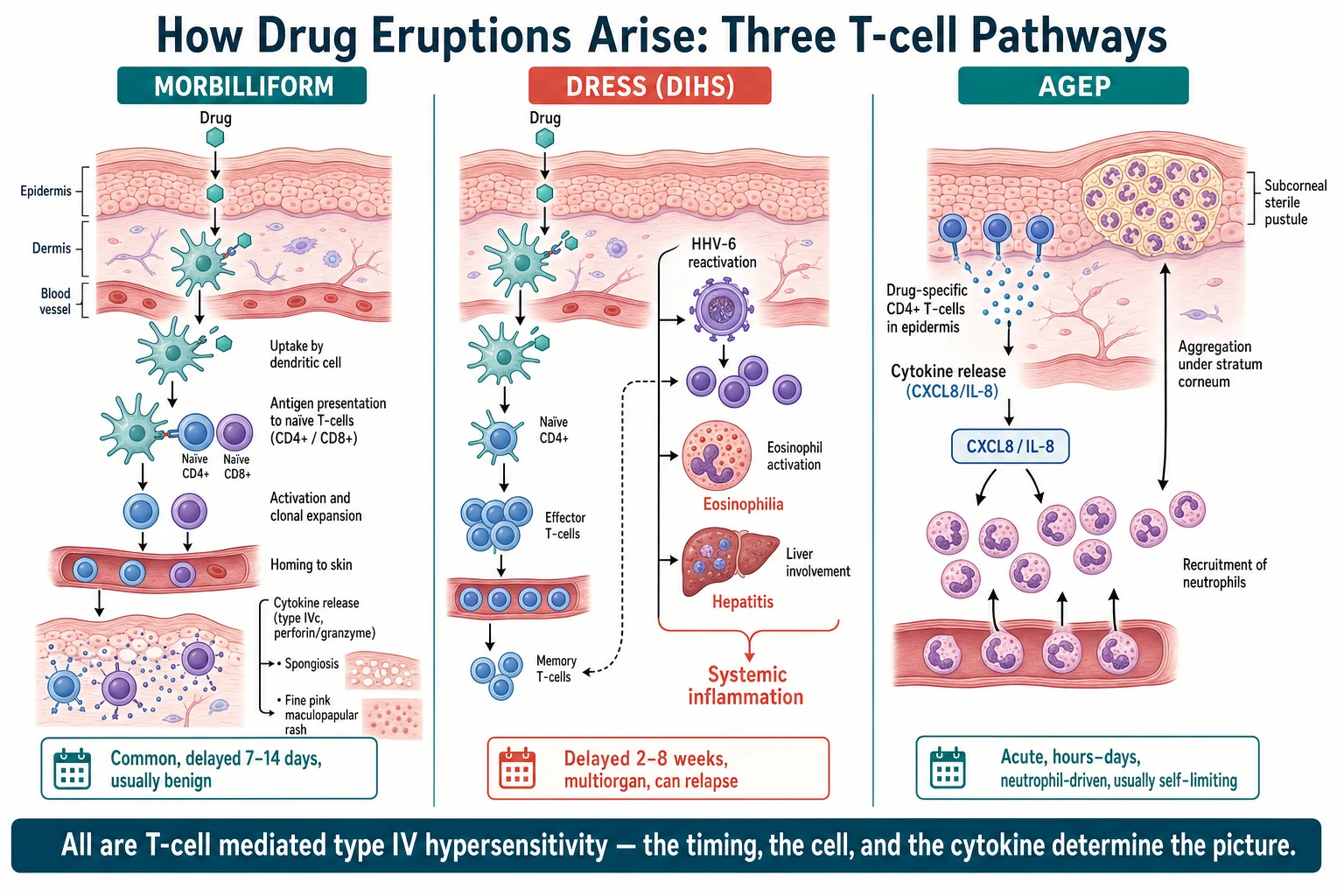 Educational schematic contrasting three T-cell pathways of drug eruption side by side. Left panel morbilliform: drug taken up by a dendritic cell, presented to a CD4/CD8 T-cell, cytokine release causing spongiosis and a fine maculopapular rash. Middle panel DRESS: the same T-cell pathway plus herpes-virus HHV-6 reactivation, eosinophilia, liver hepatitis and systemic inflammation. Right panel AGEP: drug-specific CD4 T-cells releasing IL-8 which recruits neutrophils to form a subcorneal sterile pustule