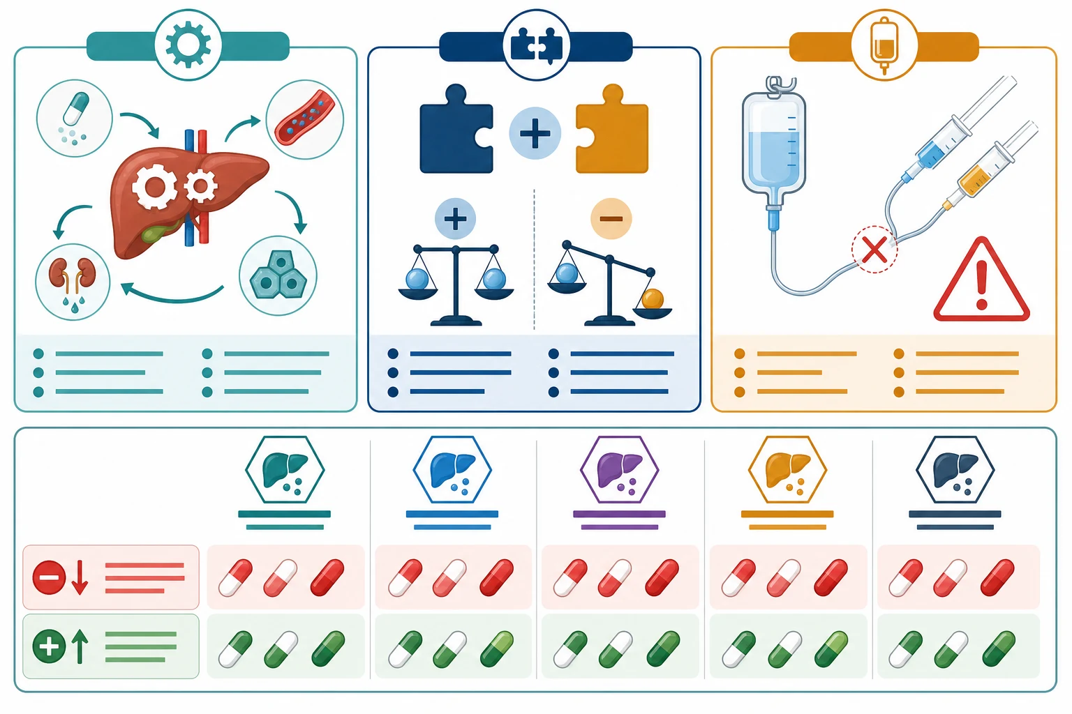 Educational schematic classifying drug interactions into pharmacokinetic (absorption, distribution, metabolism, excretion), pharmacodynamic (additive, synergistic, antagonistic), and pharmaceutical (incompatibility) families, with a central panel showing the cytochrome P450 enzyme family — CYP3A4, CYP2D6, CYP2C9, CYP2C19, CYP1A2 — and columns of representative inhibitors and inducers