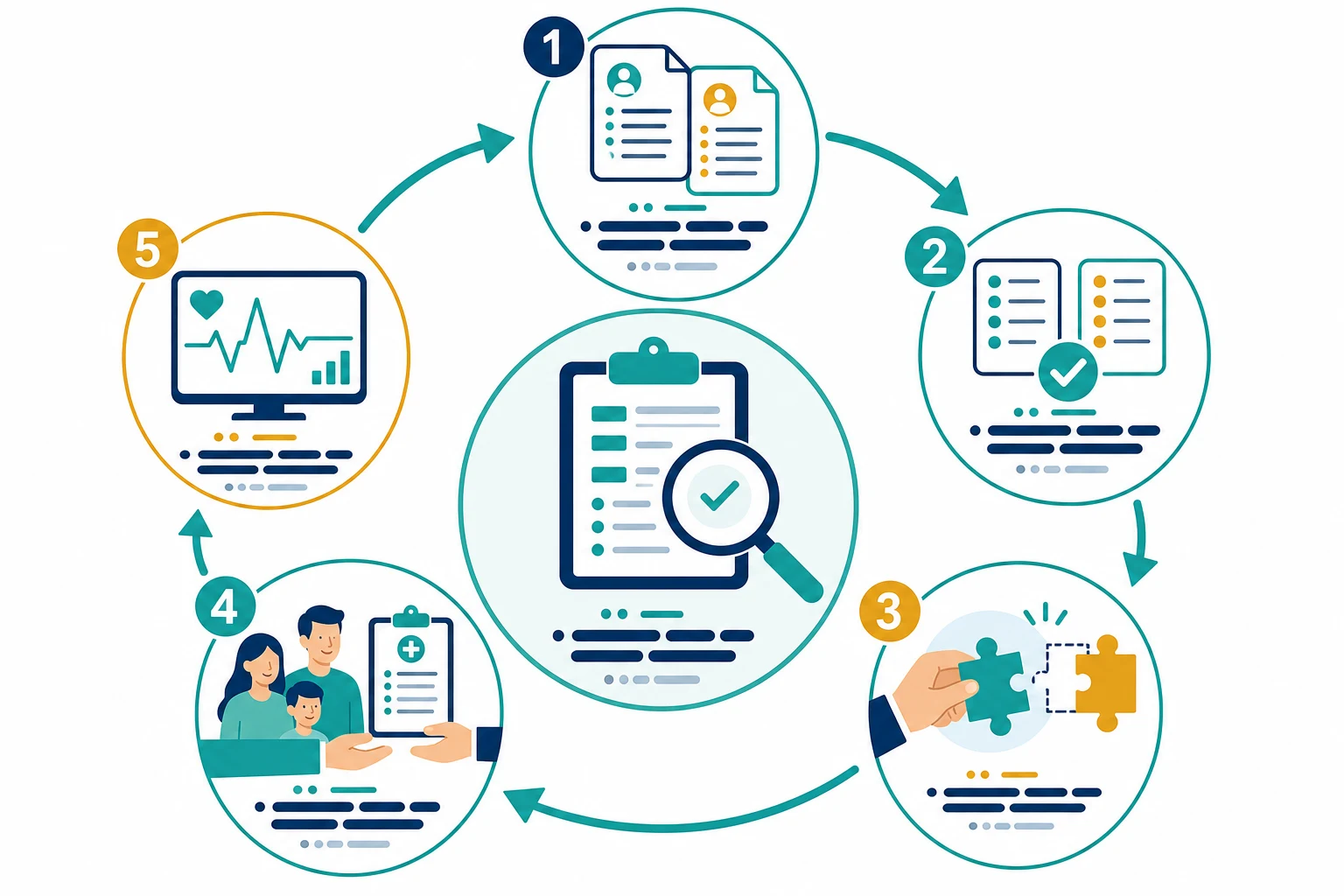 Educational schematic of the medication reconciliation cycle shown as five connected steps in a loop — collect the Best Possible Medication History from at least two sources, compare against every new order, resolve discrepancies, communicate the reconciled list at transfer and discharge, and monitor with a daily review hub at the centre