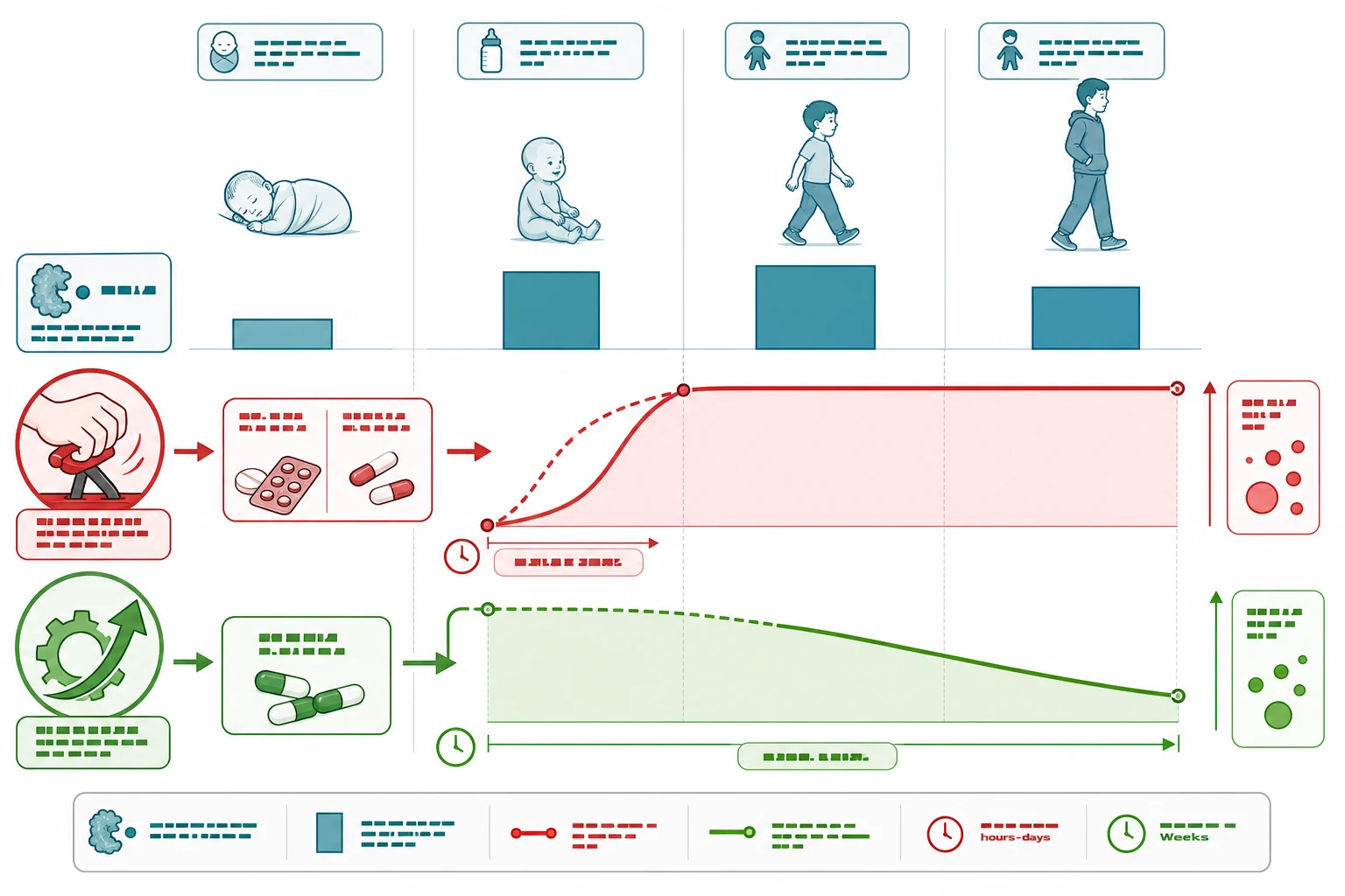Educational schematic of cytochrome P450 induction and inhibition across four age columns — neonate, infant, child, adolescent — showing enzyme activity maturing with age, with arrows for inhibition (macrolides, azoles raising substrate concentration) and induction (rifampicin, anticonvulsants lowering substrate concentration), and a teaching banner on developmental changes in clearance