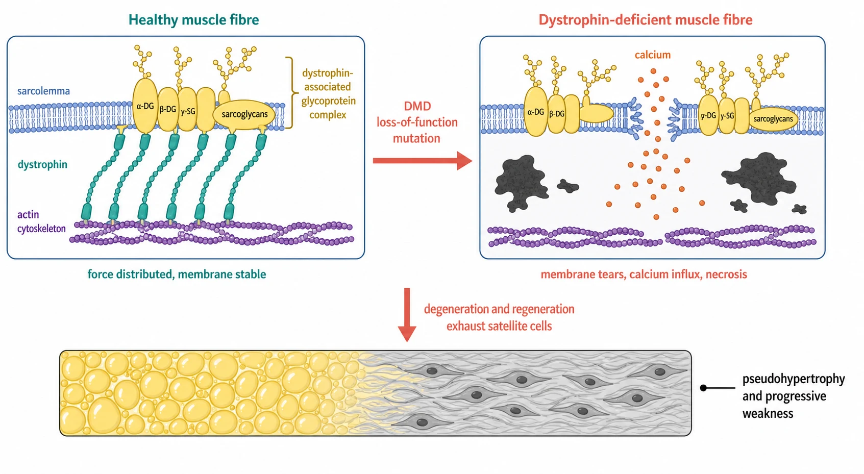 A clean scientific causal schematic on a white background. On the left a healthy muscle fibre shows a blue sarcolemma strip with a row of intact teal dystrophin molecules bridging the purple actin cytoskeleton inside to a yellow dystrophin-associated glycoprotein complex spanning the membrane, captioned force distributed, membrane stable. A coral arrow labelled DMD loss-of-function mutation leads to the right panel, a diseased fibre in which the dystrophin row is absent, the membrane is torn with a jagged gap, calcium ions stream in as orange dots, and dark necrotic patches appear, captioned membrane tears, calcium influx, necrosis. Below, a downward arrow labelled degeneration and regeneration exhausts satellite cells leads to a bar showing the muscle replaced by yellow fat and grey fibrosis, with a callout reading pseudohypertrophy and progressive weakness.