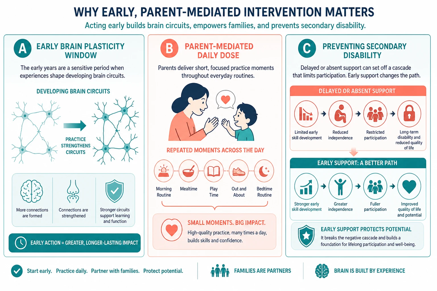 Educational schematic of plasticity window, parent-mediated daily practice dose and prevention of secondary disability