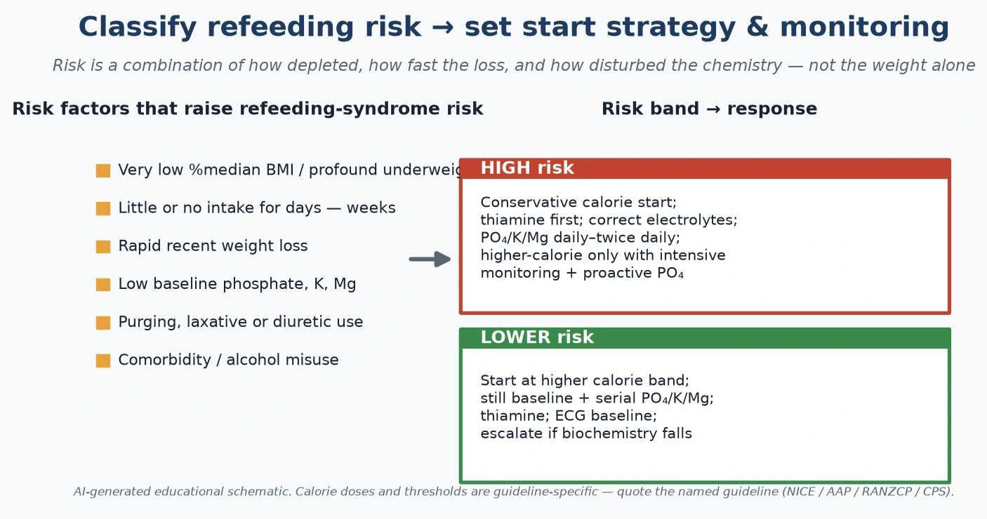 Educational classification grid mapping refeeding-risk factors to risk band and to calorie-start strategy, biochemical monitoring frequency and team intensity
