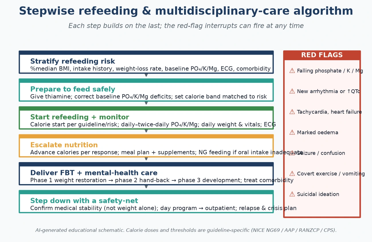 Educational stepwise management algorithm for refeeding and multidisciplinary care from risk stratification through calorie escalation and family-based treatment to step-down, with red-flag interrupts