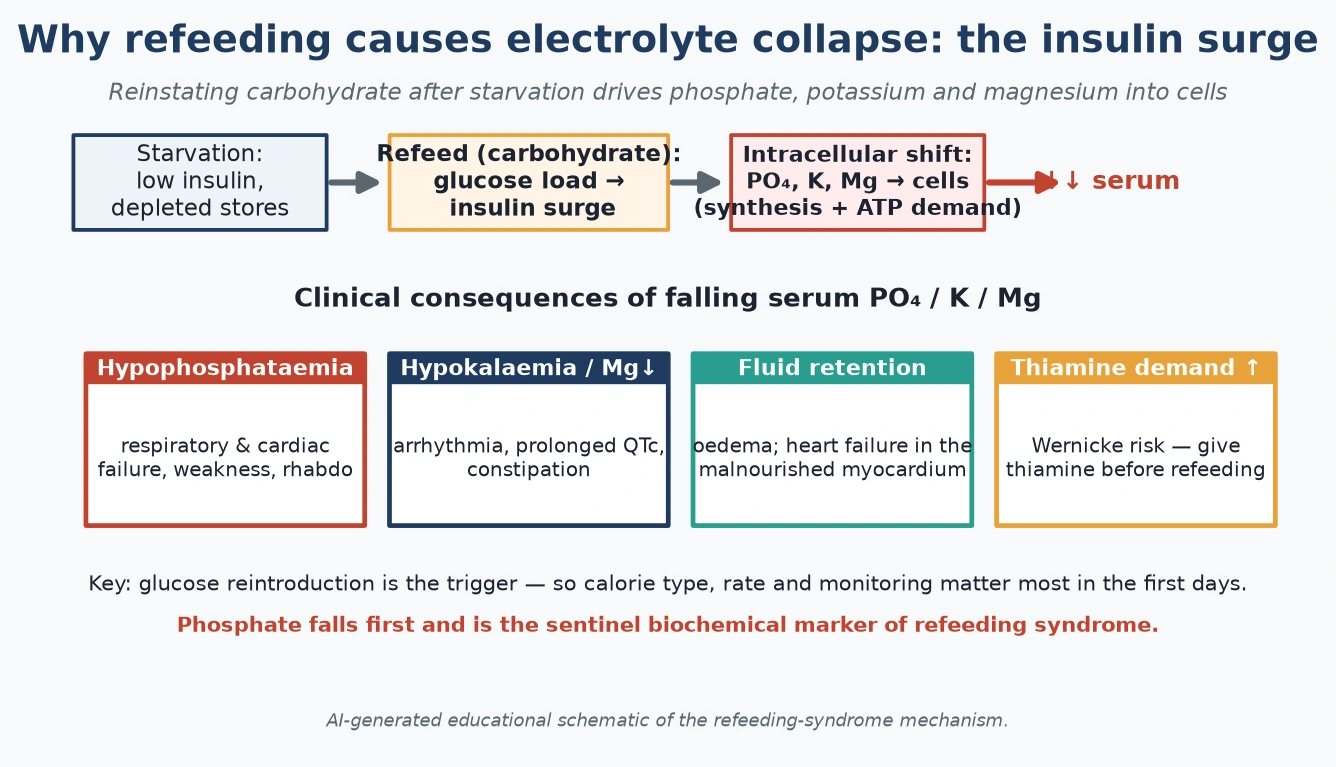 Educational mechanism diagram tracing the insulin surge after glucose reintroduction to intracellular phosphate, potassium and magnesium shifts, fluid retention and organ dysfunction