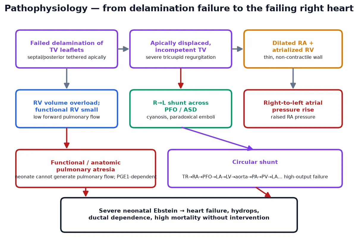 Pathophysiology of Ebstein anomaly as a cascade from failed delamination to the failing right heart. Row one: failed delamination of the tricuspid leaflets produces an apically displaced and incompetent valve with severe tricuspid regurgitation, which dilates the right atrium and the thin atrialised right ventricle. Row two: the functional right ventricle is small and volume-overloaded with low forward pulmonary flow, a right-to-left shunt opens across a patent foramen ovale or atrial septal defect producing cyanosis and paradoxical embolism, and the rising right atrial pressure drives the shunt. Row three: in the severe neonate, the functional right ventricle cannot generate forward flow across the pulmonary valve, producing functional pulmonary atresia and ductal dependence, and a circular shunt of tricuspid regurgitation back to the right atrium, across the atrial defect to the left atrium and left ventricle, out to the aorta, through the duct to the pulmonary artery and back through the pulmonary veins to the left atrium drives high-output failure. Row four: the outcome is severe neonatal heart failure, hydrops and high mortality without intervention.