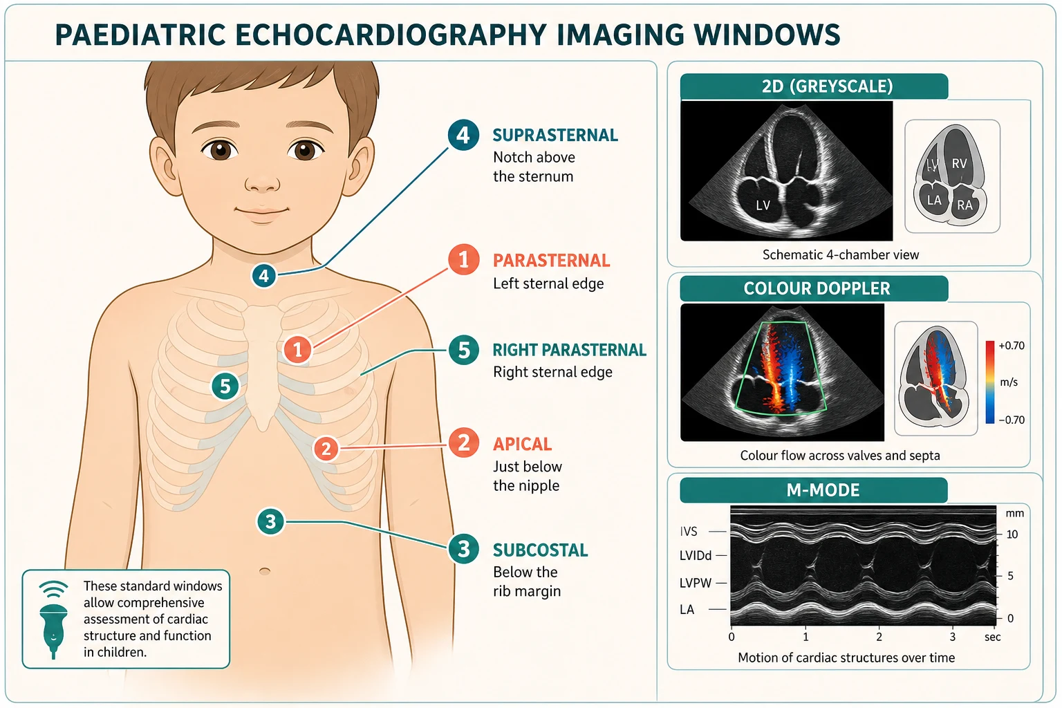 Educational schematic of a young child's chest and upper abdomen showing the five standard paediatric echocardiography imaging windows — parasternal, apical, subcostal, suprasternal, and right parasternal — marked with numbered positions, beside three panels illustrating the core modalities: two-dimensional greyscale four-chamber view, colour Doppler flow mapping, and M-mode motion trace with labelled wall measurements