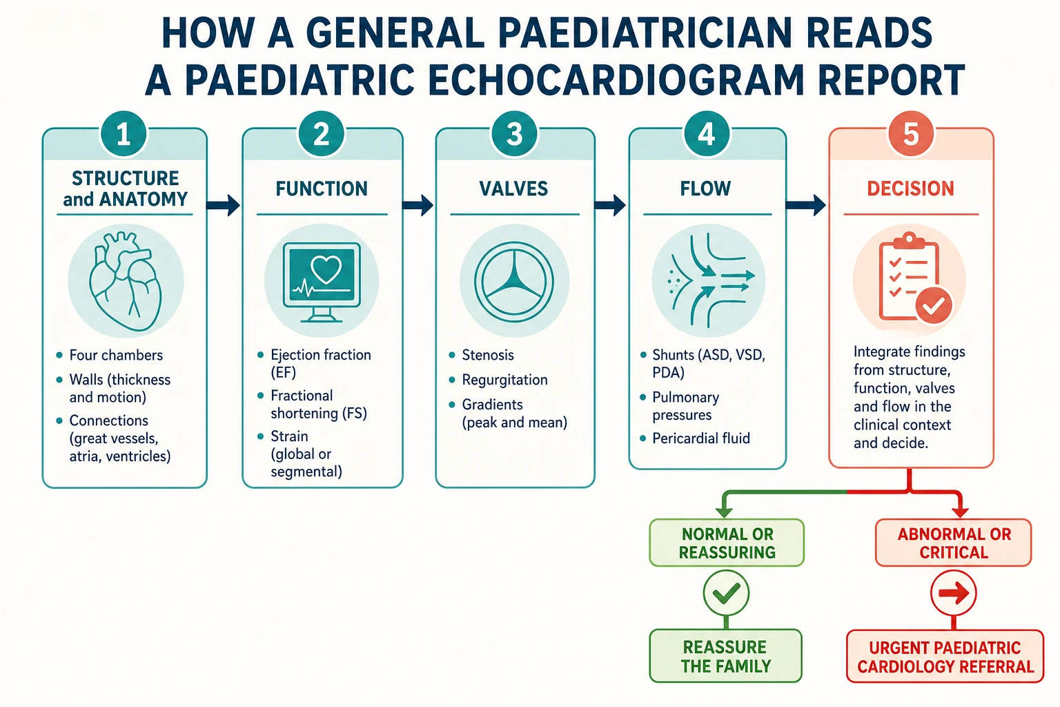 Educational flowchart of the five-step systematic approach to reading a paediatric echocardiogram report — structure and anatomy, function, valves, flow, and the decision — branching into a reassure-the-family path for normal or reassuring findings and an urgent paediatric cardiology referral path for abnormal or critical findings