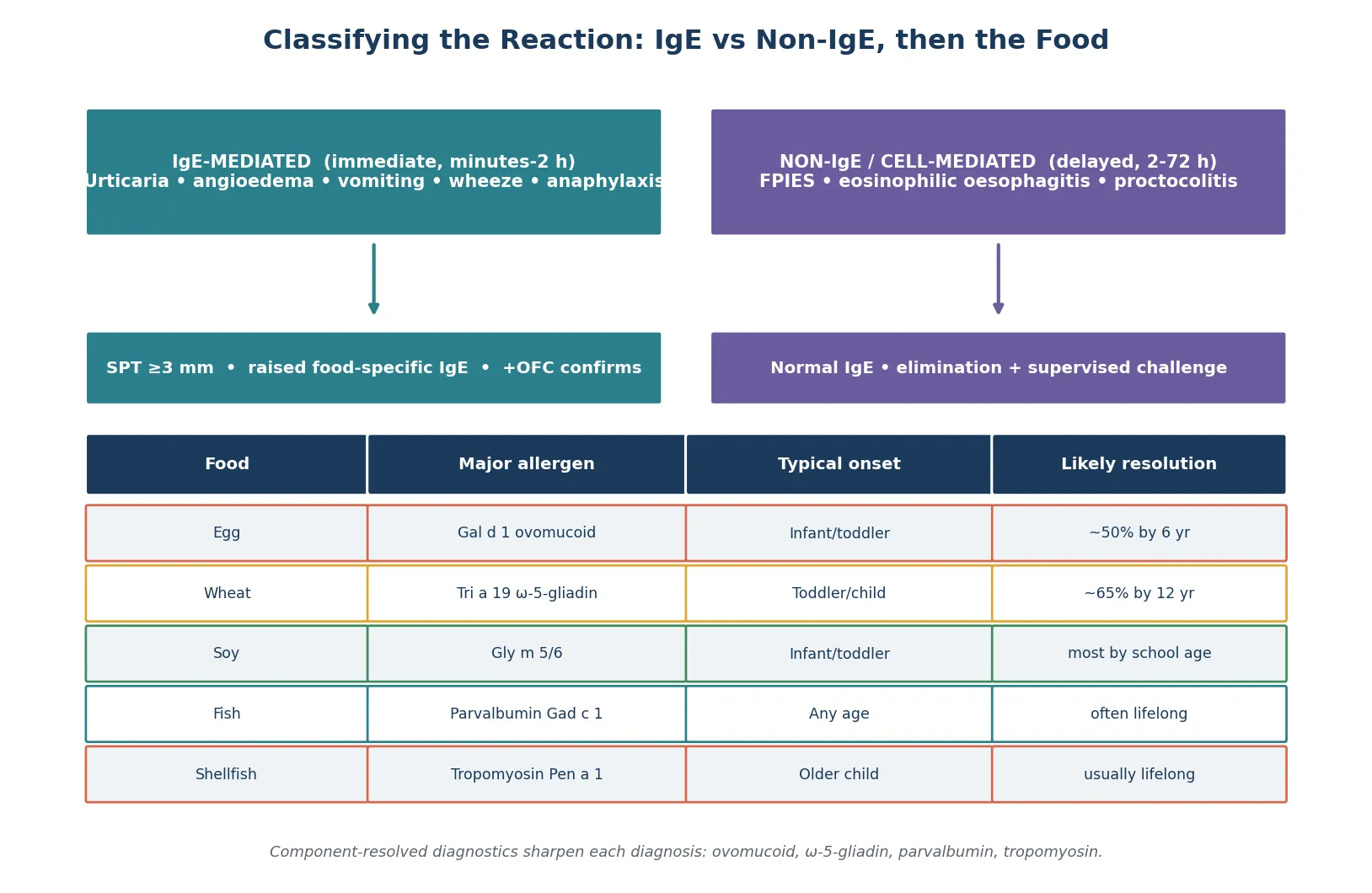 Two-branch classification of paediatric food allergy splitting IgE-mediated immediate reactions from non-IgE cell-mediated delayed reactions, with confirmatory tests for each, then a comparison table of egg, wheat, soy, fish and shellfish showing the major allergen protein, typical age of onset and likelihood of resolution.