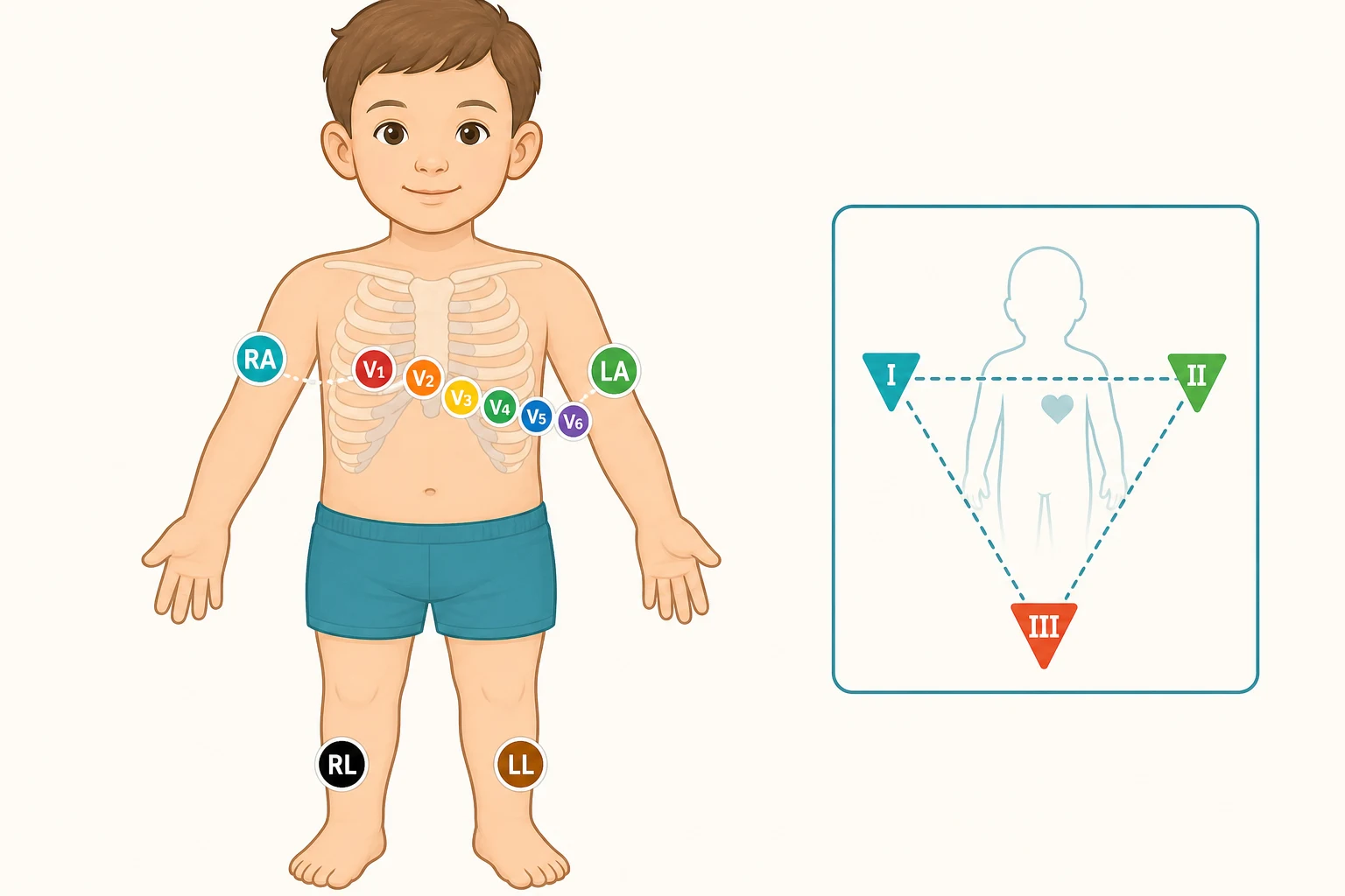 Educational schematic of a young child's torso showing the standard paediatric 12-lead ECG electrode placement with colour-coded limb electrodes (RA, LA, RL, LL) and six precordial chest electrodes V1 to V6 in their correct anatomical positions, with Einthoven's triangle outlined