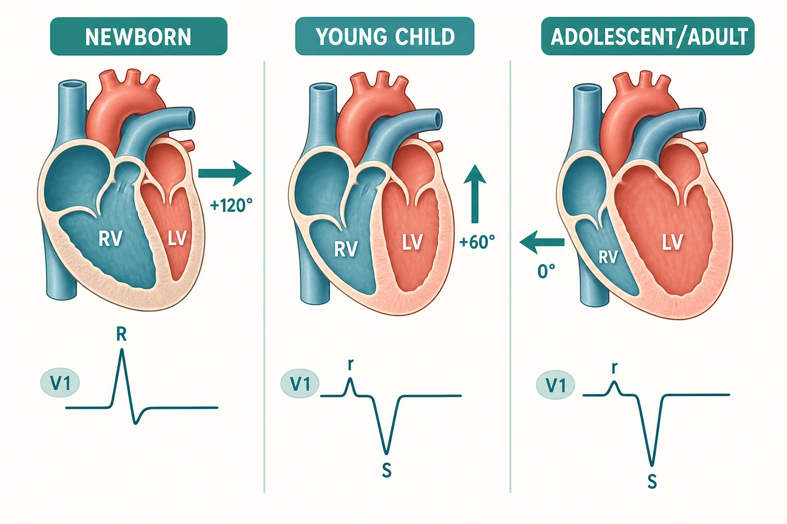 Educational schematic of three heart silhouettes side by side labelled newborn, young child and adolescent, showing the changing relative thickness of the right and left ventricular walls and the rightward-to-leftward shift of the QRS axis with a schematic V1 QRS complex beneath each