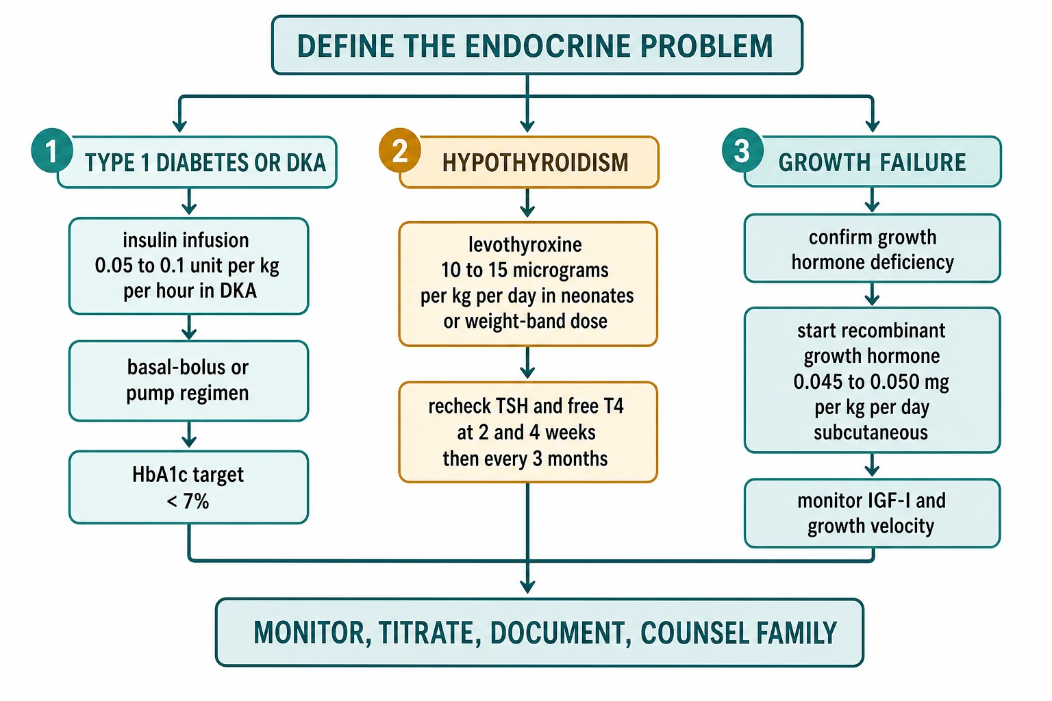 Educational flowchart of the stepwise paediatric endocrine prescribing algorithm with three branches: type 1 diabetes or DKA showing the insulin infusion rate and basal-bolus regimen, hypothyroidism showing levothyroxine dose and recheck intervals, and growth failure showing growth hormone dose and monitoring, all converging on monitor, titrate, document and counsel family