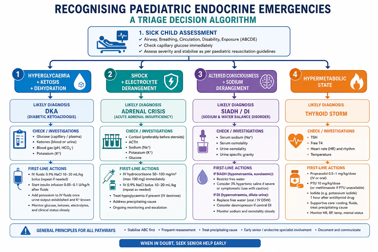 Triage algorithm for paediatric endocrine emergencies: bedside glucose, blood gas and electrolytes split the emergency within minutes. High glucose with a metabolic acidosis and ketones is DKA. Low glucose is hypoglycaemia. Low sodium with a normal or high potassium suggests adrenal crisis. Low sodium alone suggests SIADH or cerebral salt wasting. High sodium with dilute urine suggests diabetes insipidus. A hypermetabolic crisis with high fever and severe tachycardia suggests thyroid storm.