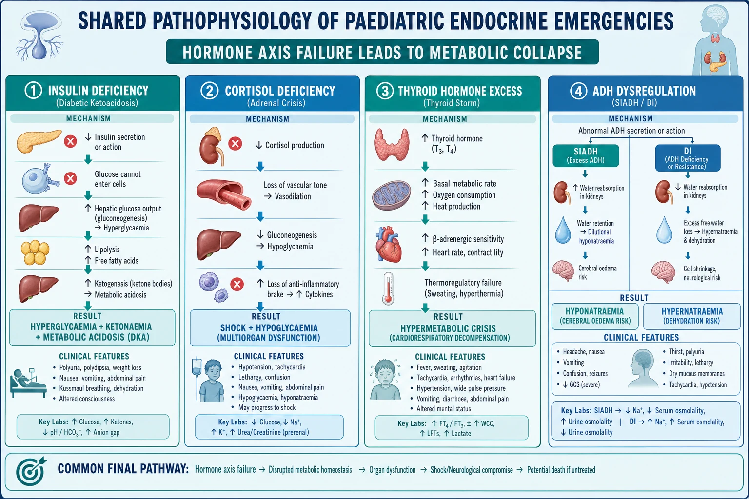 Shared pathophysiology of paediatric endocrine emergencies. Insulin deficiency blocks cellular glucose uptake, causing hyperglycaemia, osmotic diuresis, dehydration and ketogenesis in DKA. Cortisol deficiency removes vascular tone, gluconeogenesis and the anti-inflammatory brake, causing shock and hypoglycaemia in adrenal crisis. Thyroid hormone excess drives uncontrolled thermogenesis, cardiac decompensation and CNS dysfunction in thyroid storm. ADH dysregulation causes water retention and dilutional hyponatraemia in SIADH, or free-water loss and hypernatraemic dehydration in diabetes insipidus.