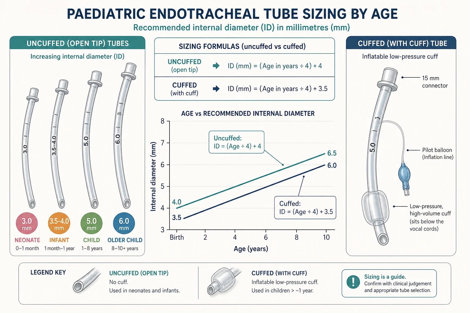 Educational schematic of paediatric endotracheal tube sizing by age, showing uncuffed and cuffed tubes increasing in internal diameter from neonate to older child, with a line graph plotting the uncuffed formula age divided by 4 plus 4 and the cuffed formula age divided by 4 plus 3.5 from birth to age 10