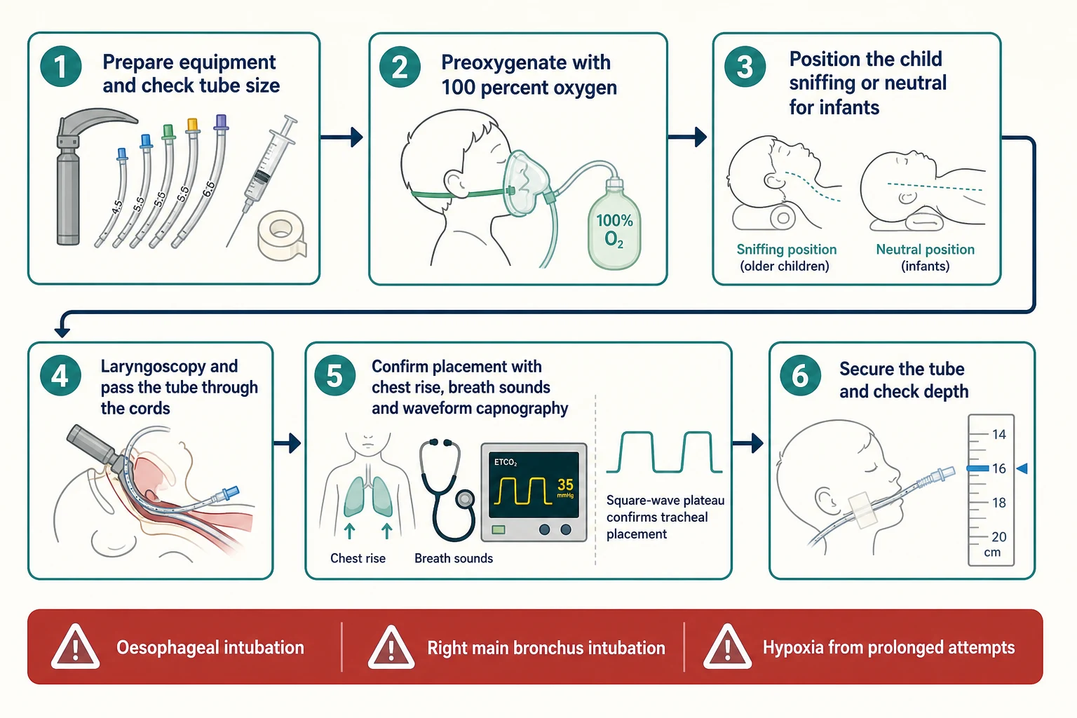 Educational stepwise algorithm showing six numbered boxes for paediatric intubation from prepare equipment through secure the tube, an inline capnography waveform confirming tracheal placement, and a red safety ribbon listing oesophageal intubation, right main bronchus intubation and hypoxia