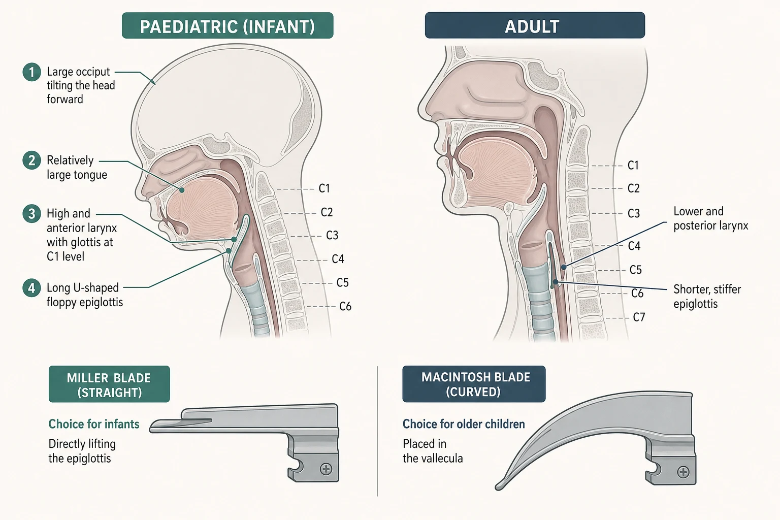 Educational sagittal cross-section comparing the infant and adult upper airway, annotating the large occiput, large tongue, high anterior larynx and long floppy epiglottis of the infant, with silhouettes of a straight Miller blade for infants and a curved Macintosh blade for older children