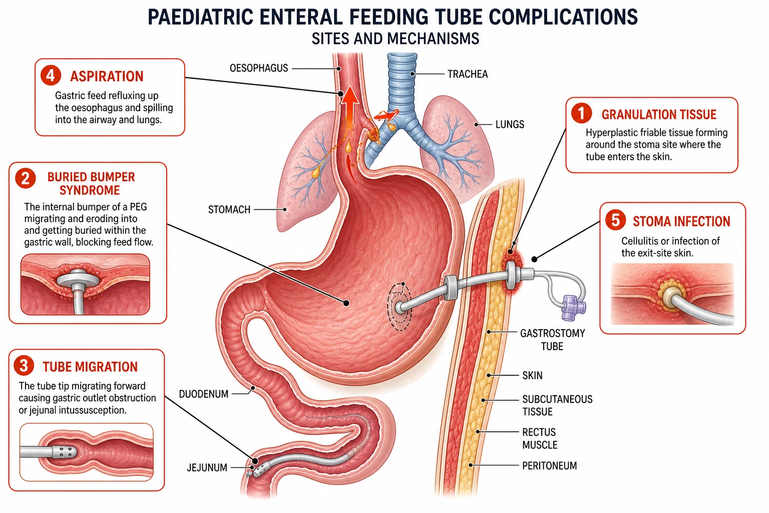 Pathophysiology of paediatric enteral tube complications: a labelled cross-section of the stomach and anterior abdominal wall with a gastrostomy tube in place, showing numbered callouts for granulation tissue forming at the stoma, buried bumper syndrome with the internal bumper eroding into the gastric wall, tube migration causing pyloric obstruction, aspiration of refluxed feed into the airway, and stoma-site infection with cellulitis