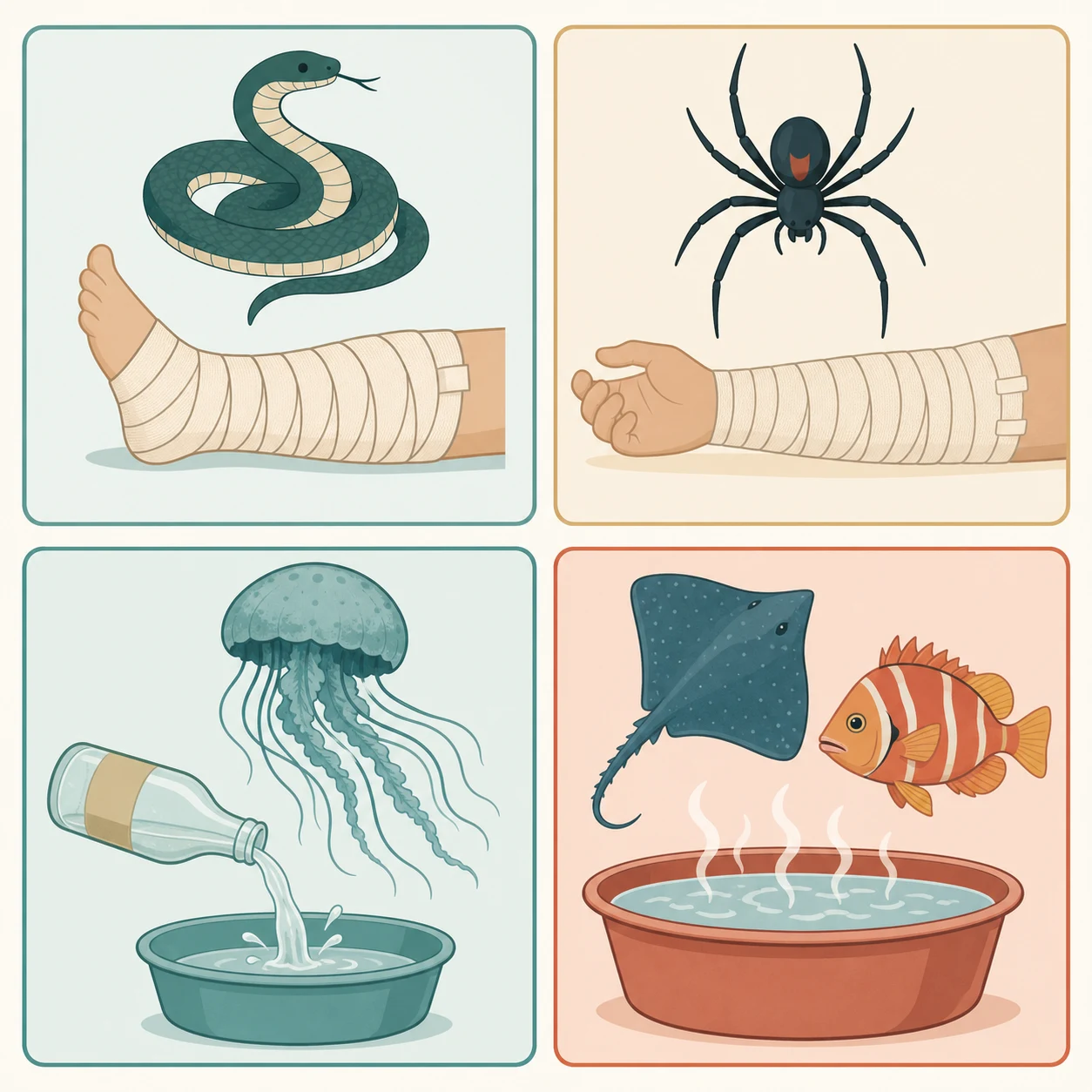 Educational infographic of four envenomation categories — terrestrial snake with a bandaged limb, funnel-web spider with a bandaged arm, box jellyfish with vinegar dousing, and a stingray and reef fish with hot water immersion — each paired with its matching first-aid principle