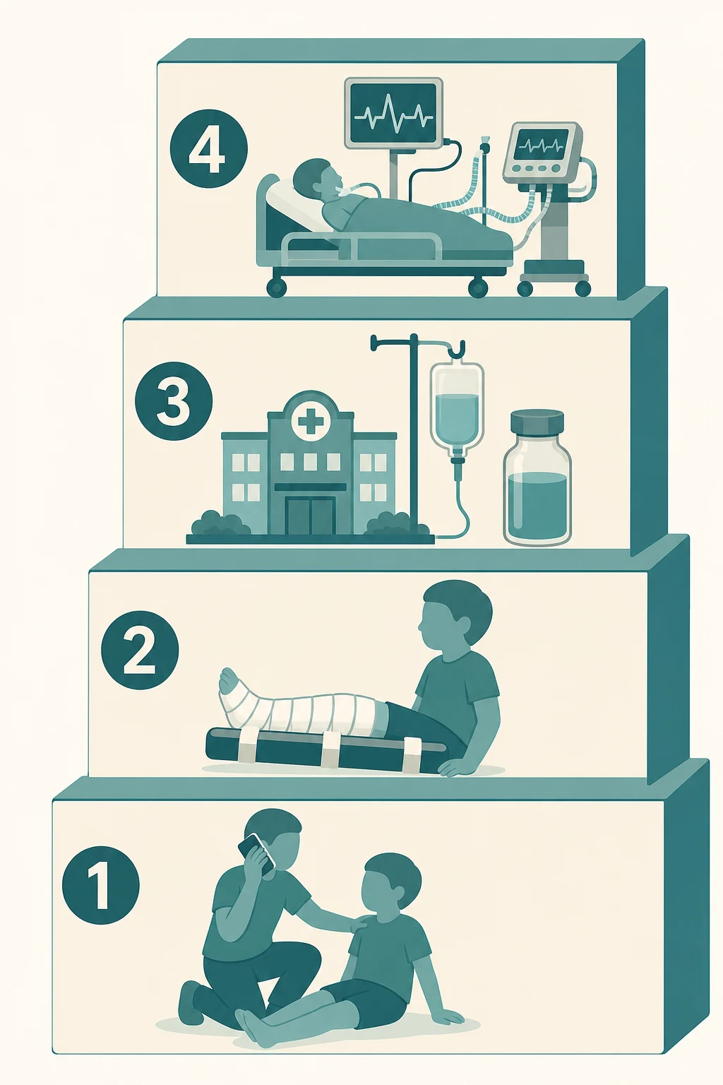 Educational stepwise ladder from bystander calling for help and keeping the child still, through a firm spiral bandage and splint, to intravenous antivenom in hospital, to intensive care with a heart monitor and ventilator