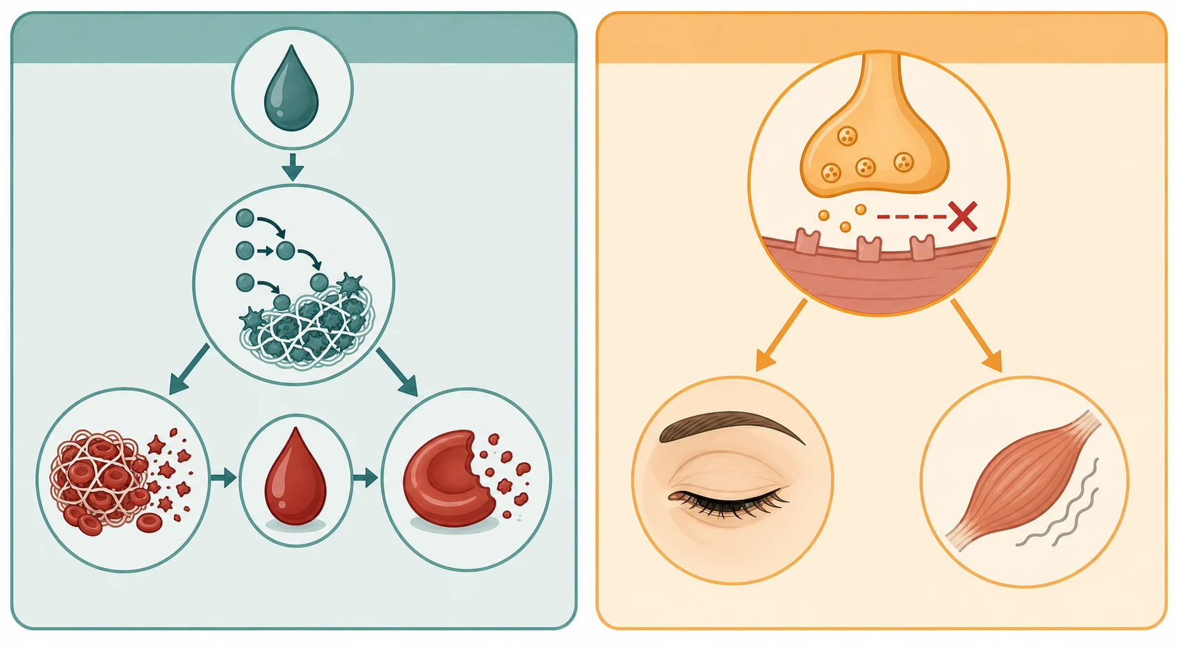Educational schematic contrasting venom-induced consumption coagulopathy — venom activating coagulation, clot breakdown and bleeding — against neurotoxic paralysis with a blocked nerve-to-muscle signal and a drooping eyelid