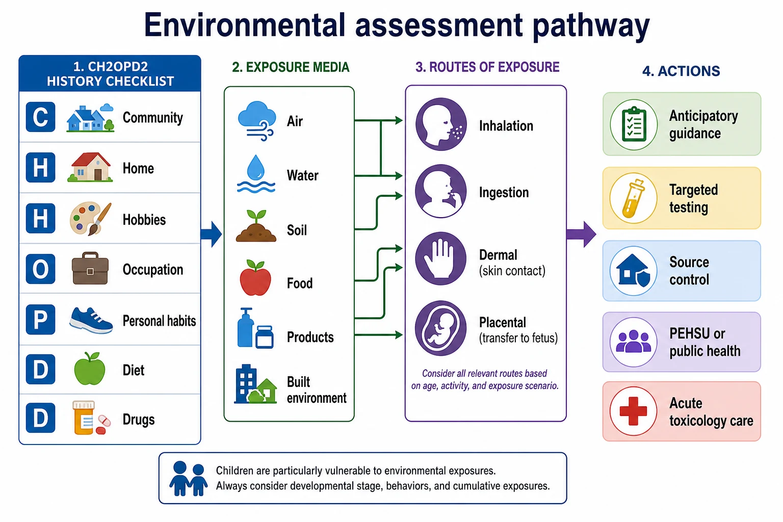 Educational flowchart from CH2OPD2 environmental history through exposure media and routes to action bands including PEHSU and toxicology