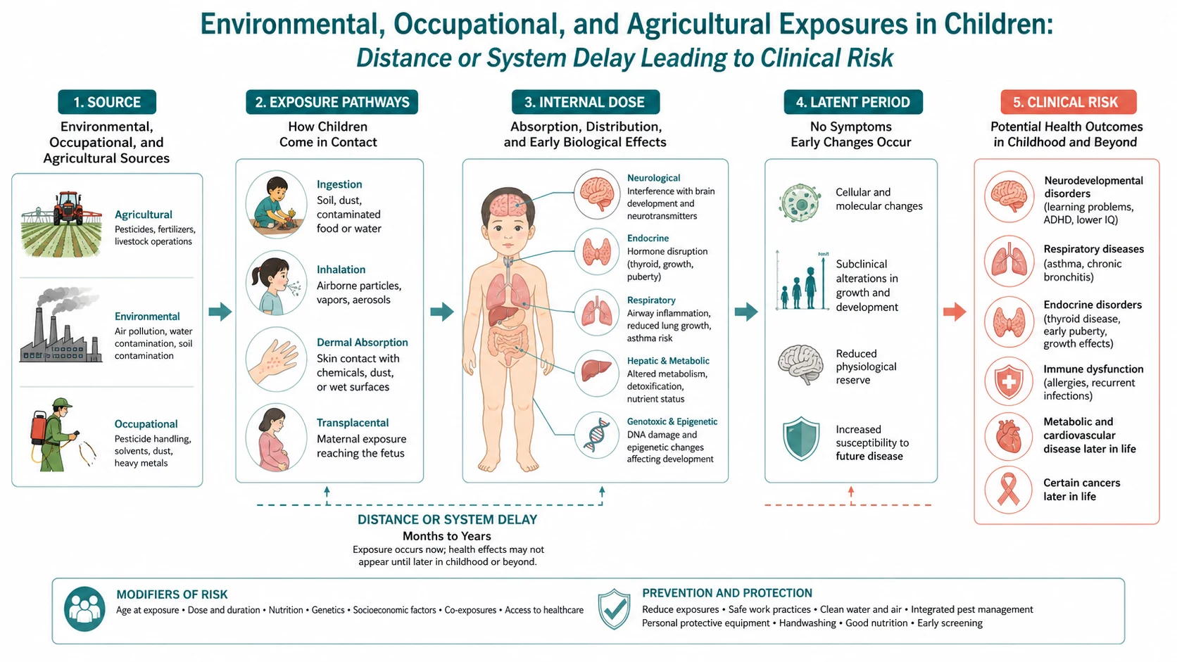 Mechanism diagram for environmental, occupational and agricultural child health linking distance, delayed escalation and clinical deterioration.