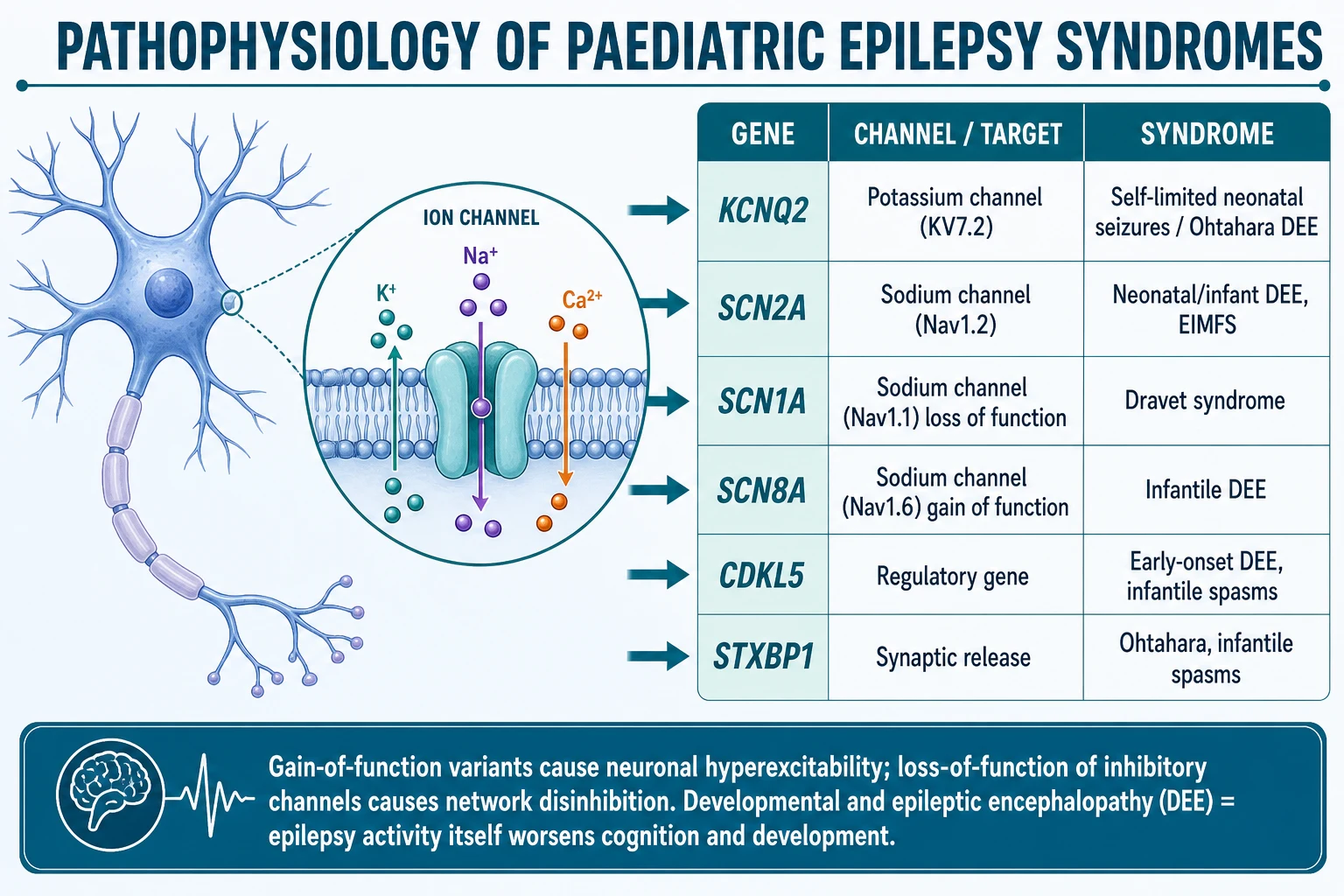 A neuron with a magnified ion-channel inset leading to a gene-channel-syndrome table listing KCNQ2, SCN2A, SCN1A, SCN8A, CDKL5 and STXBP1, with the developmental and epileptic encephalopathy concept summarised below