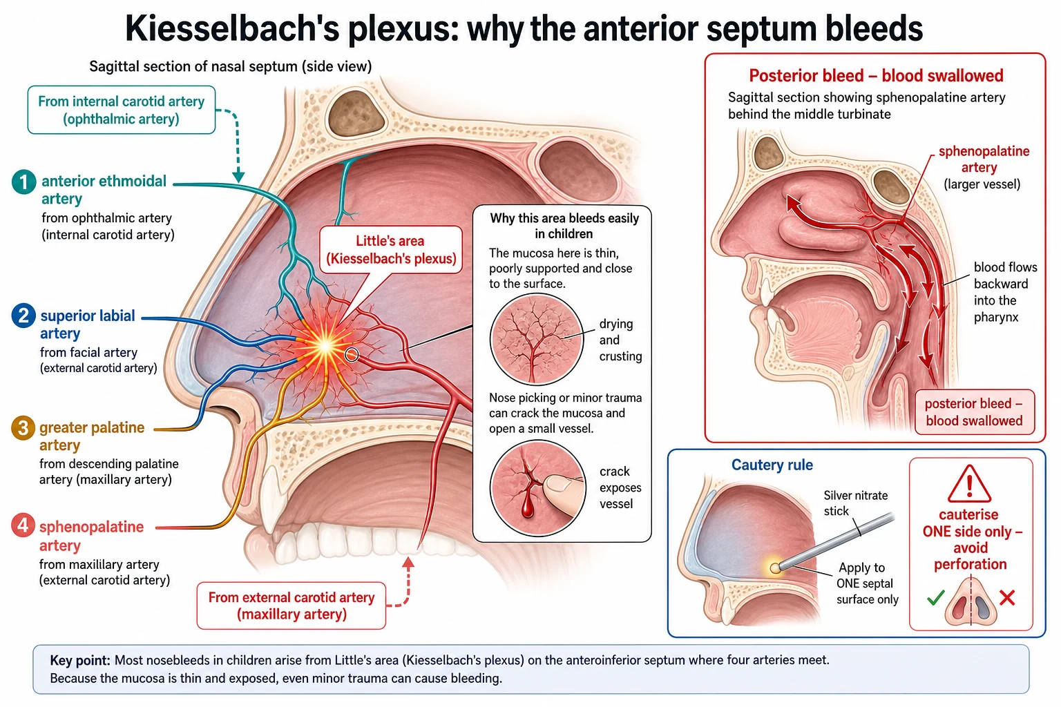 Left-to-right anatomical cascade: a sagittal nasal-septum diagram with a bright vascular confluence on the anteroinferior septum labelled Little's area (Kiesselbach's plexus) fed by four colour-coded arteries — anterior ethmoidal from the ophthalmic (internal carotid), and superior labial, greater palatine and sphenopalatine from the external carotid; a thin dry mucosa arrow showing how drying and nose-picking crack the mucosa to expose a vessel; a posterior lane showing the larger sphenopalatine artery behind the middle turbinate bleeding briskly backward into the pharynx; and a cautery rule icon showing silver nitrate applied to one septal surface only to avoid perforation.