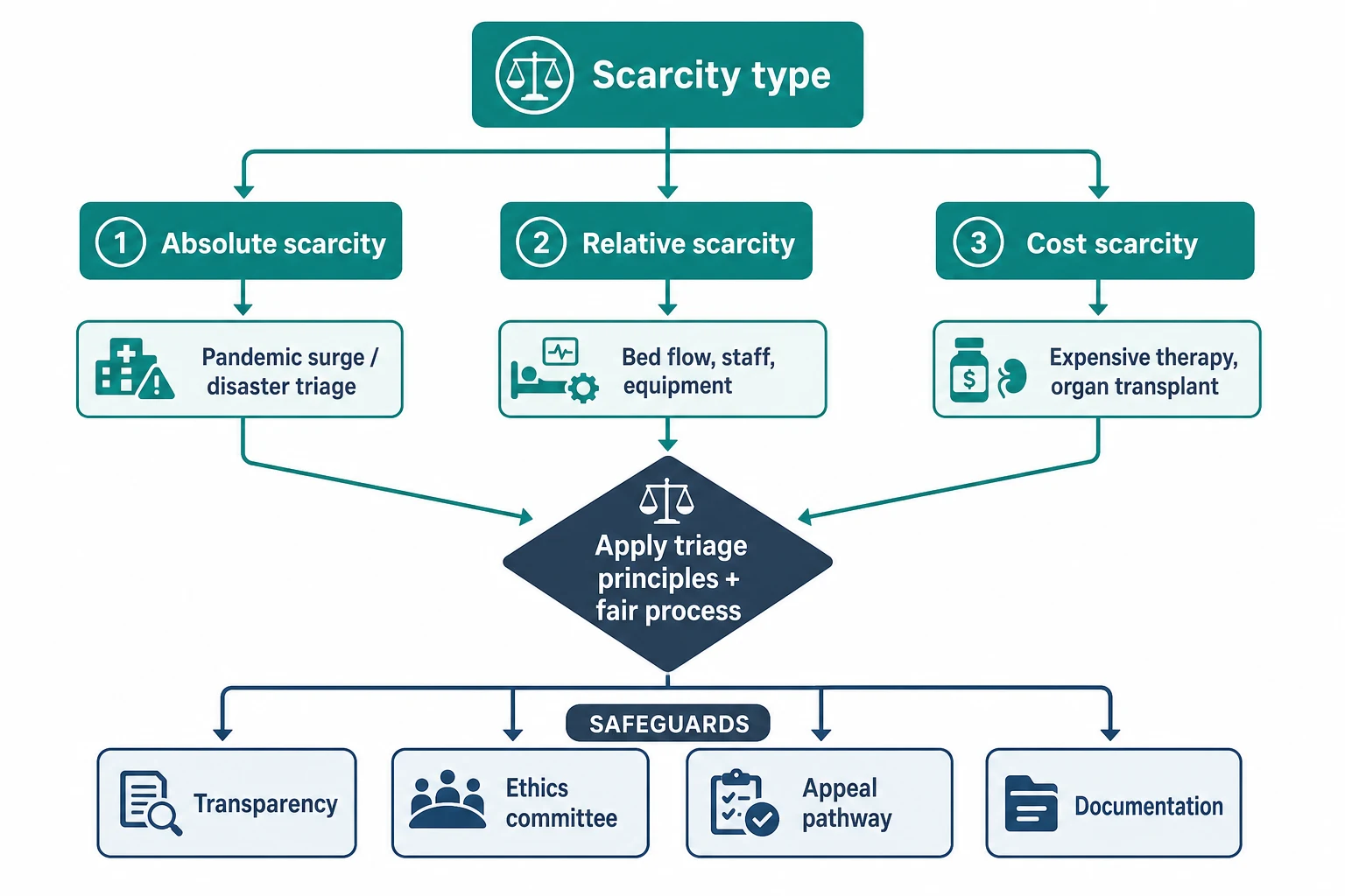 Taxonomy flowchart classifying paediatric resource scarcity as absolute, relative or cost-based, each leading to a decision node with a safeguards row