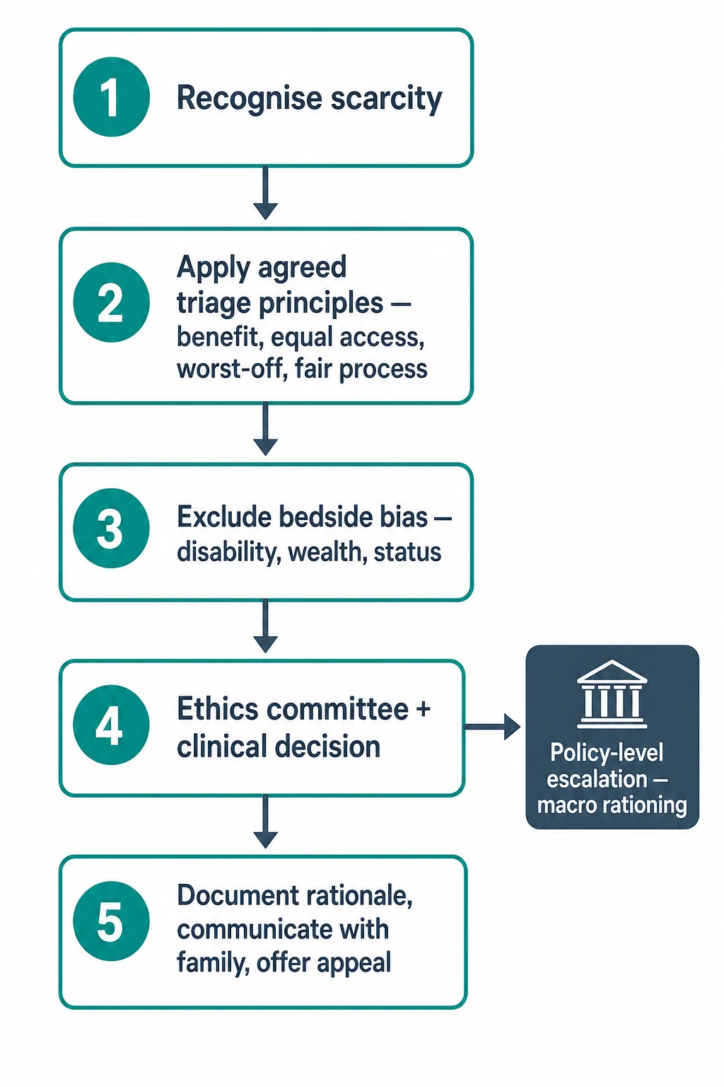 Stepwise bedside algorithm from recognising scarcity through applying principles, excluding bias, ethics consensus, documentation and appeal, with a policy-level escalation branch