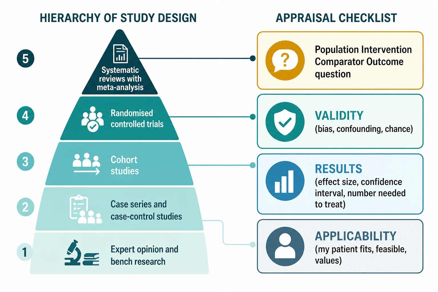 Two-panel infographic showing a five-tier pyramid of study designs beside a four-step appraisal checklist of question, validity, results, and applicability