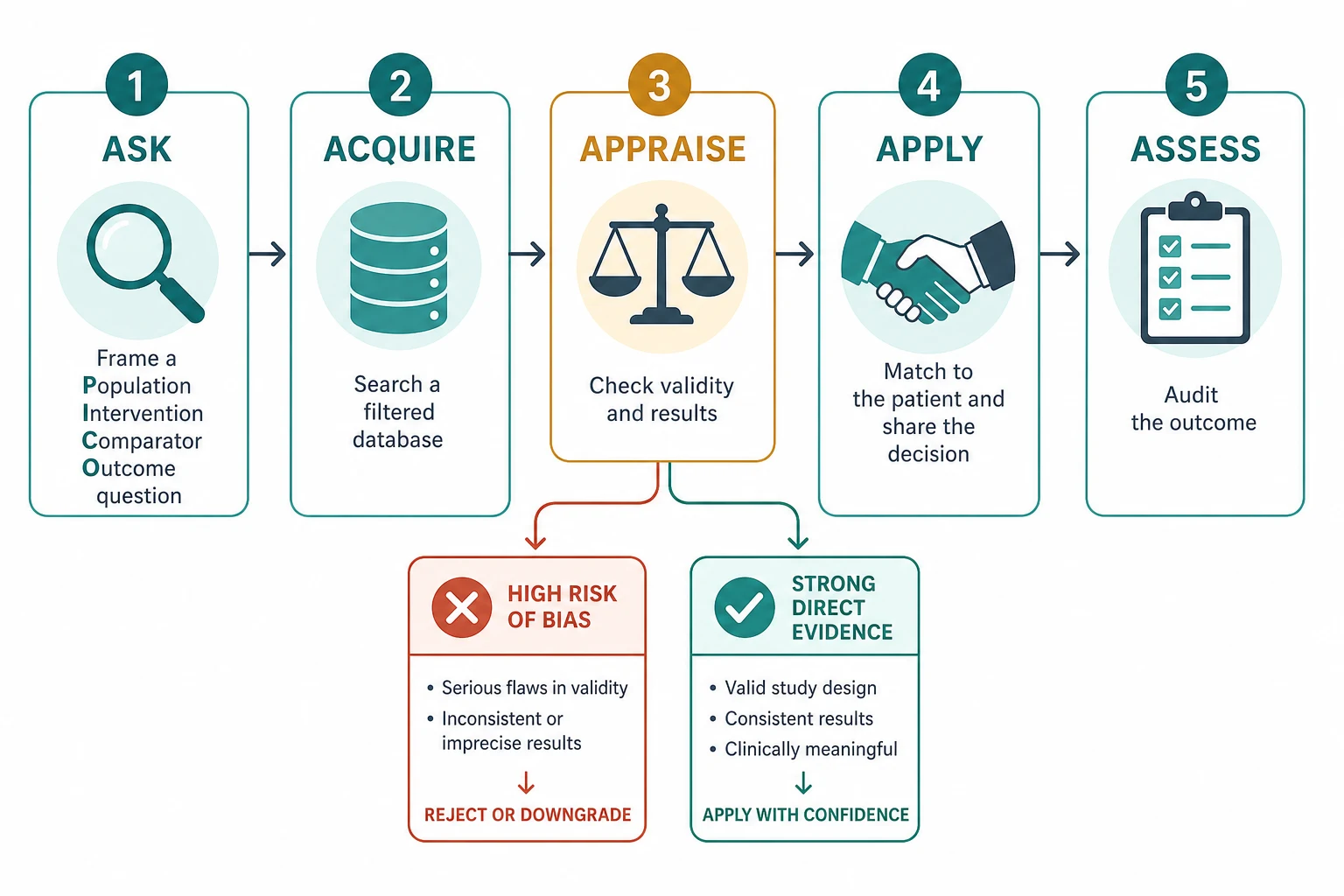 Stepwise evidence-based medicine algorithm as a five-station timeline with branches for high risk of bias and strong direct evidence