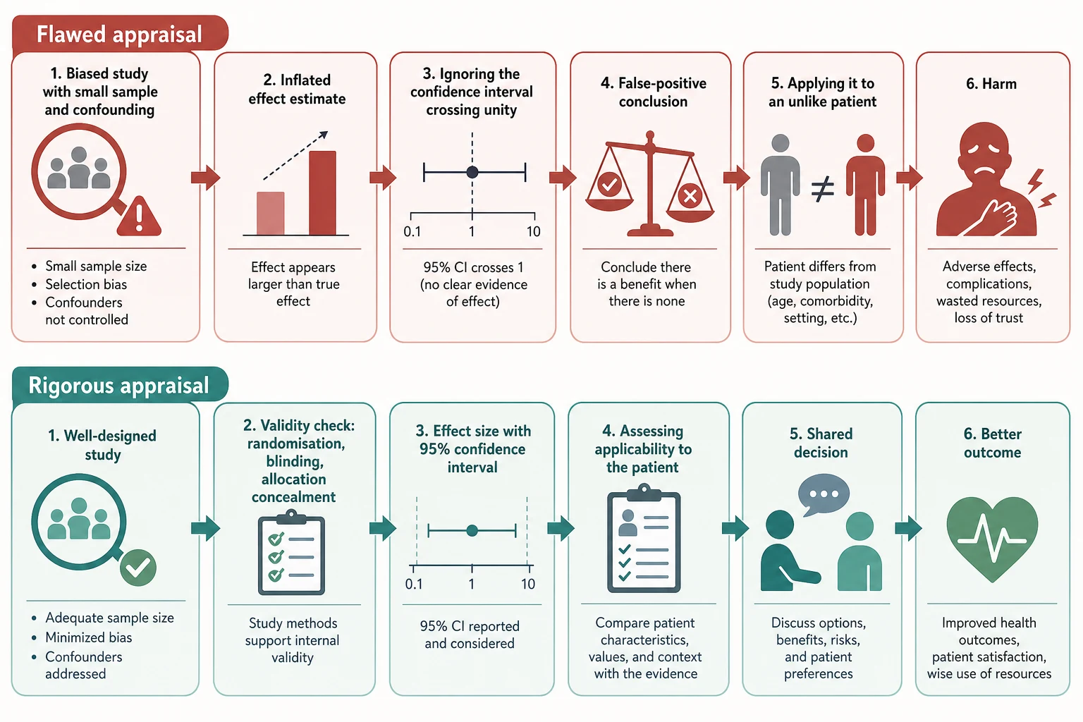 Parallel cascades contrasting a flawed appraisal pathway leading to patient harm with a rigorous appraisal pathway leading to better care