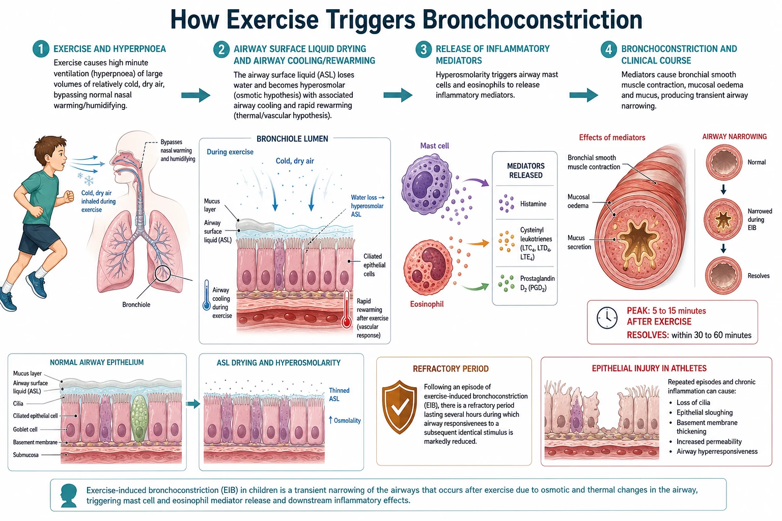 Pathophysiology of exercise-induced bronchoconstriction as a left-to-right cascade: exercise causes high minute ventilation (hyperpnoea) of cold dry air bypassing nasal conditioning; the airway surface liquid loses water and becomes hyperosmolar (osmotic hypothesis) with associated airway cooling and rapid rewarming (thermal or vascular hypothesis); hyperosmolarity triggers airway mast cells to release histamine, cysteinyl leukotrienes and prostaglandin D2; these mediators cause bronchial smooth muscle contraction, mucosal oedema and mucus, giving transient airway narrowing that peaks 5 to 15 minutes after exercise and resolves within 30 to 60 minutes, followed by a refractory period