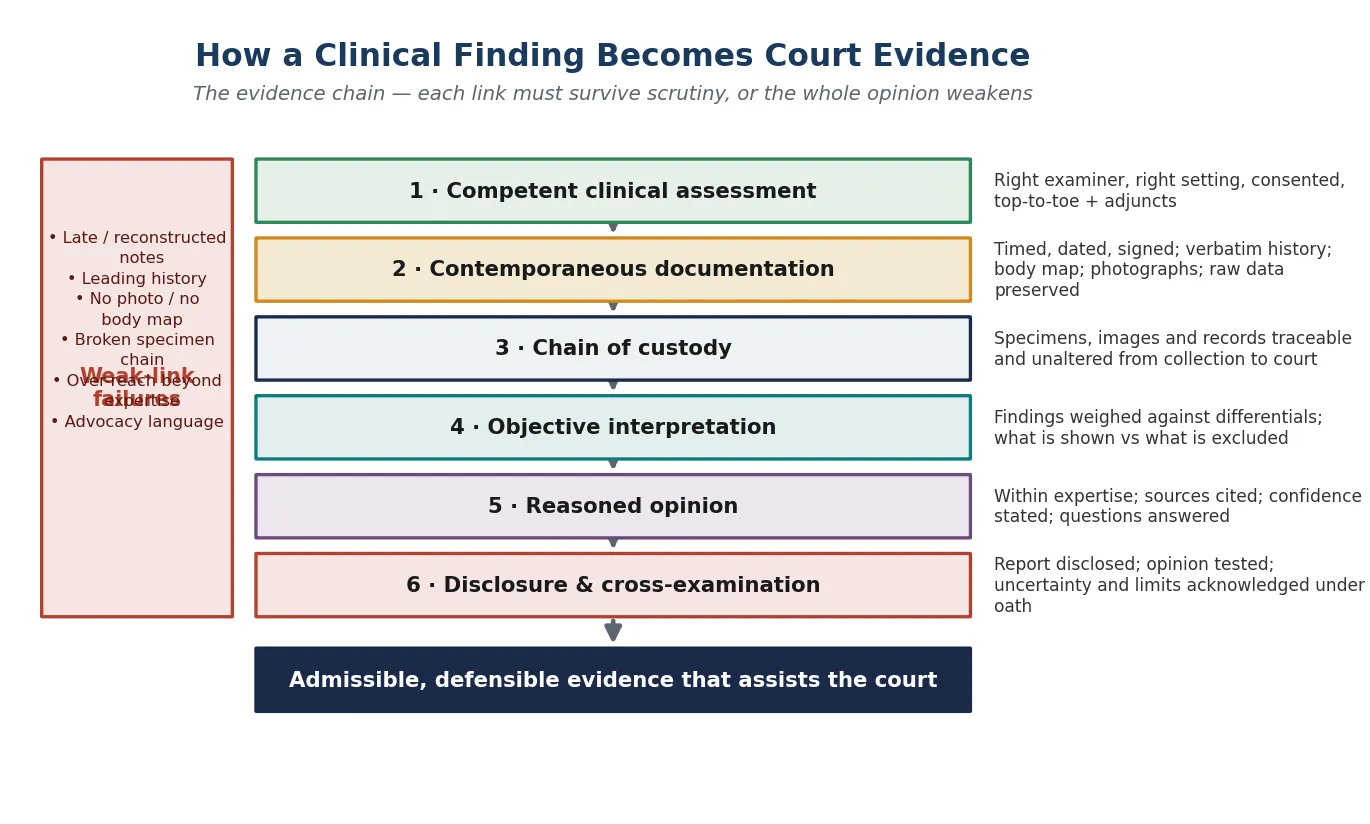 Evidence chain diagram showing six links from competent clinical assessment through contemporaneous documentation, chain of custody, objective interpretation, reasoned opinion, to disclosure and cross-examination, with weak-link failure modes labelled