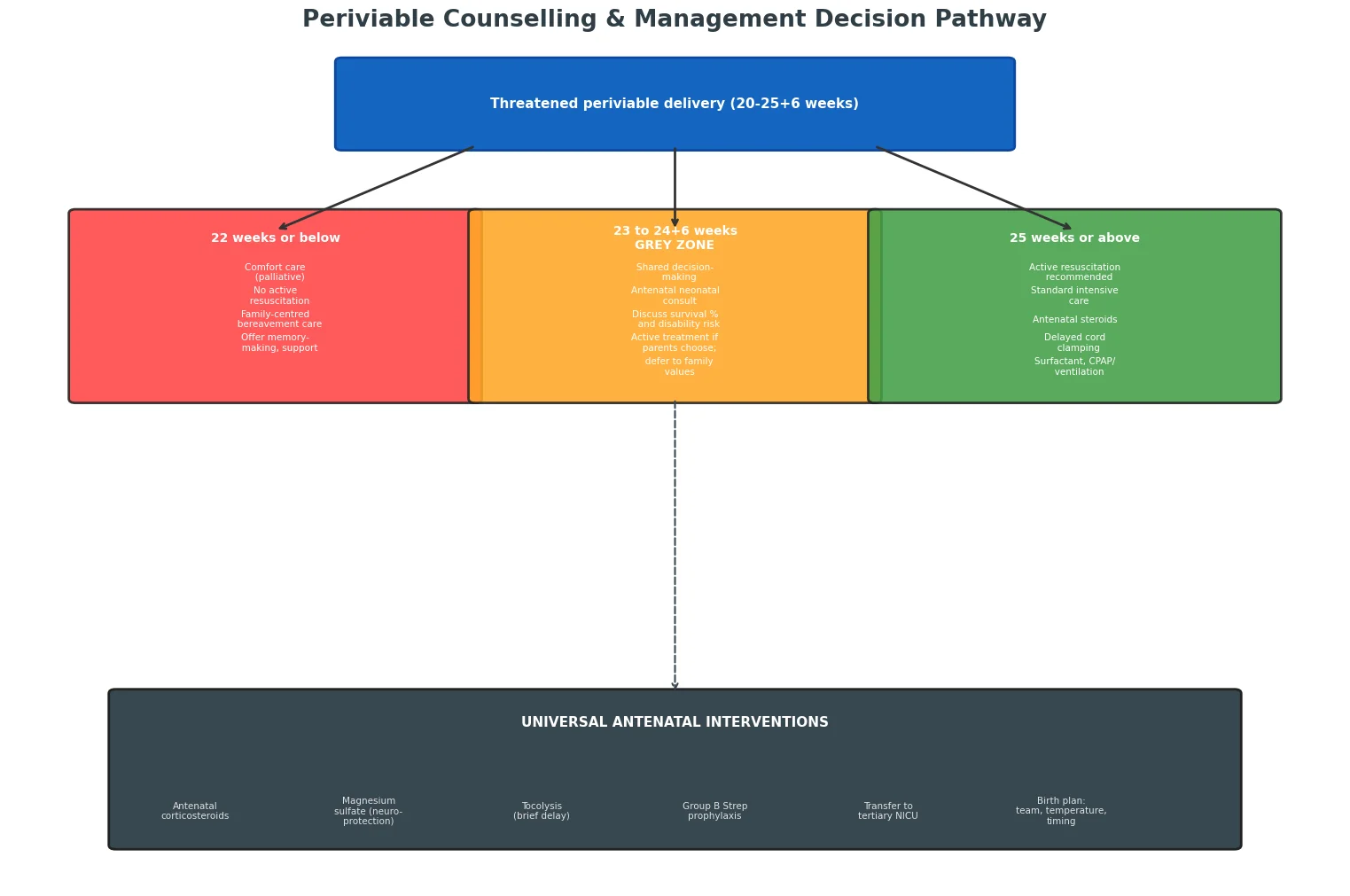 Decision pathway for periviable birth showing management approaches by gestational age and universal antenatal interventions.