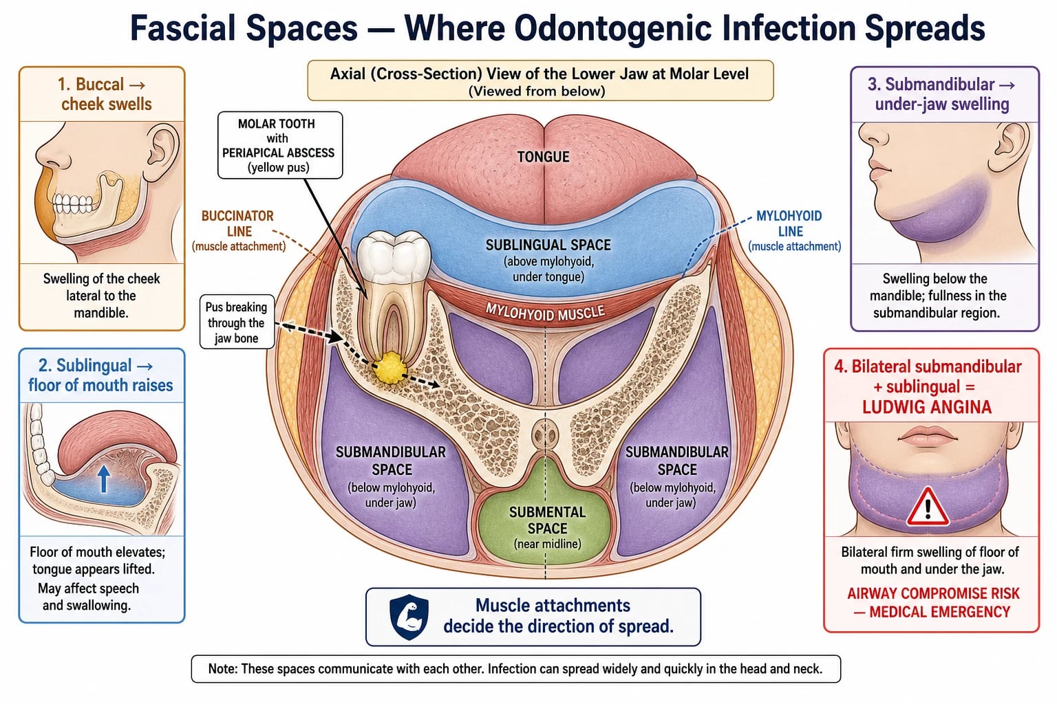 Educational schematic of the fascial spaces of the face and neck, showing a periapical abscess breaking through the cortical bone and tracking into the buccal, submental, submandibular and sublingual spaces, with the bilateral submandibular and sublingual involvement that defines Ludwig angina