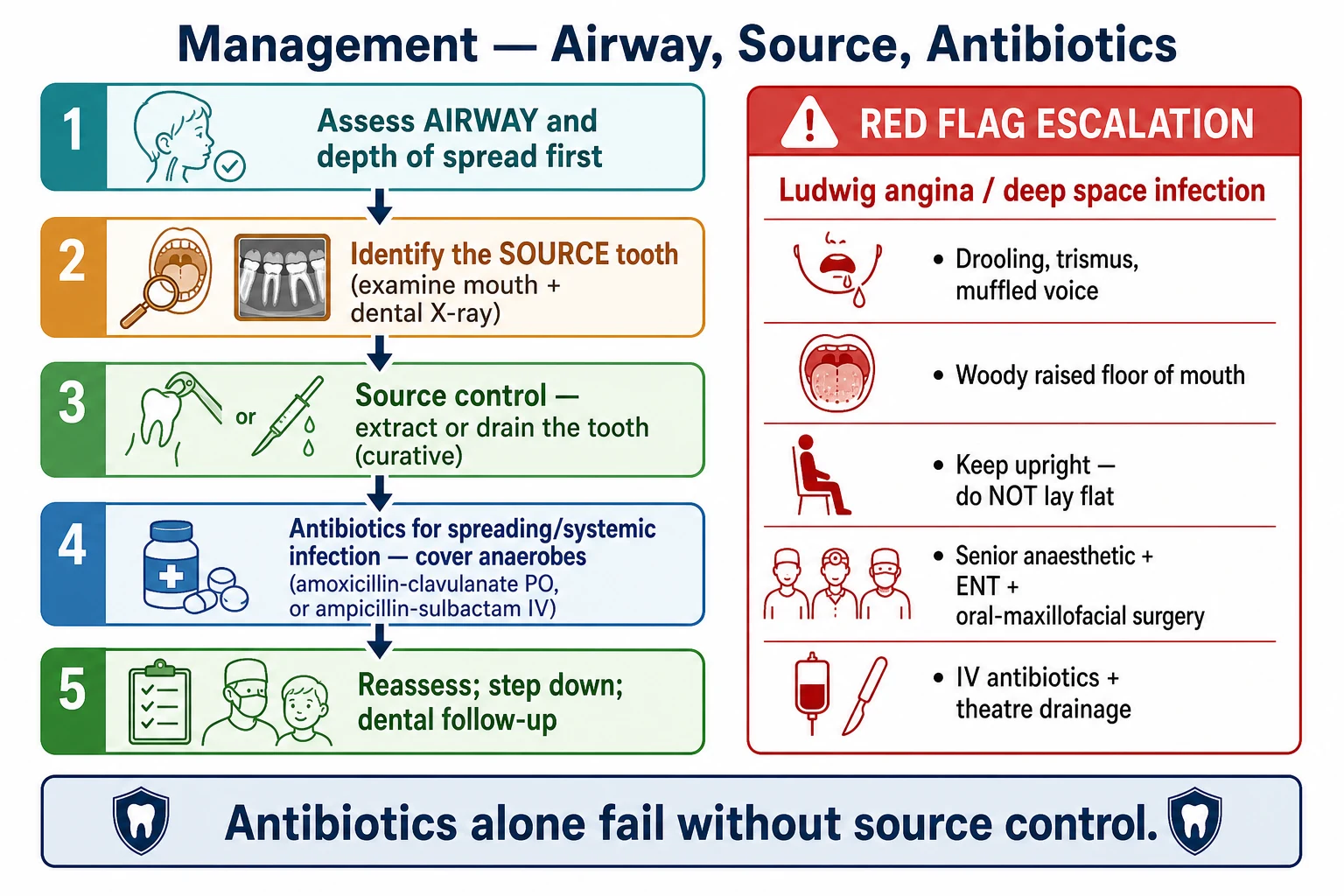 Educational management algorithm showing the assessment of facial swelling, identification of the source tooth, the airway-first escalation panel for Ludwig angina, source control by drainage and extraction, and empirical intravenous antibiotic choices covering anaerobes